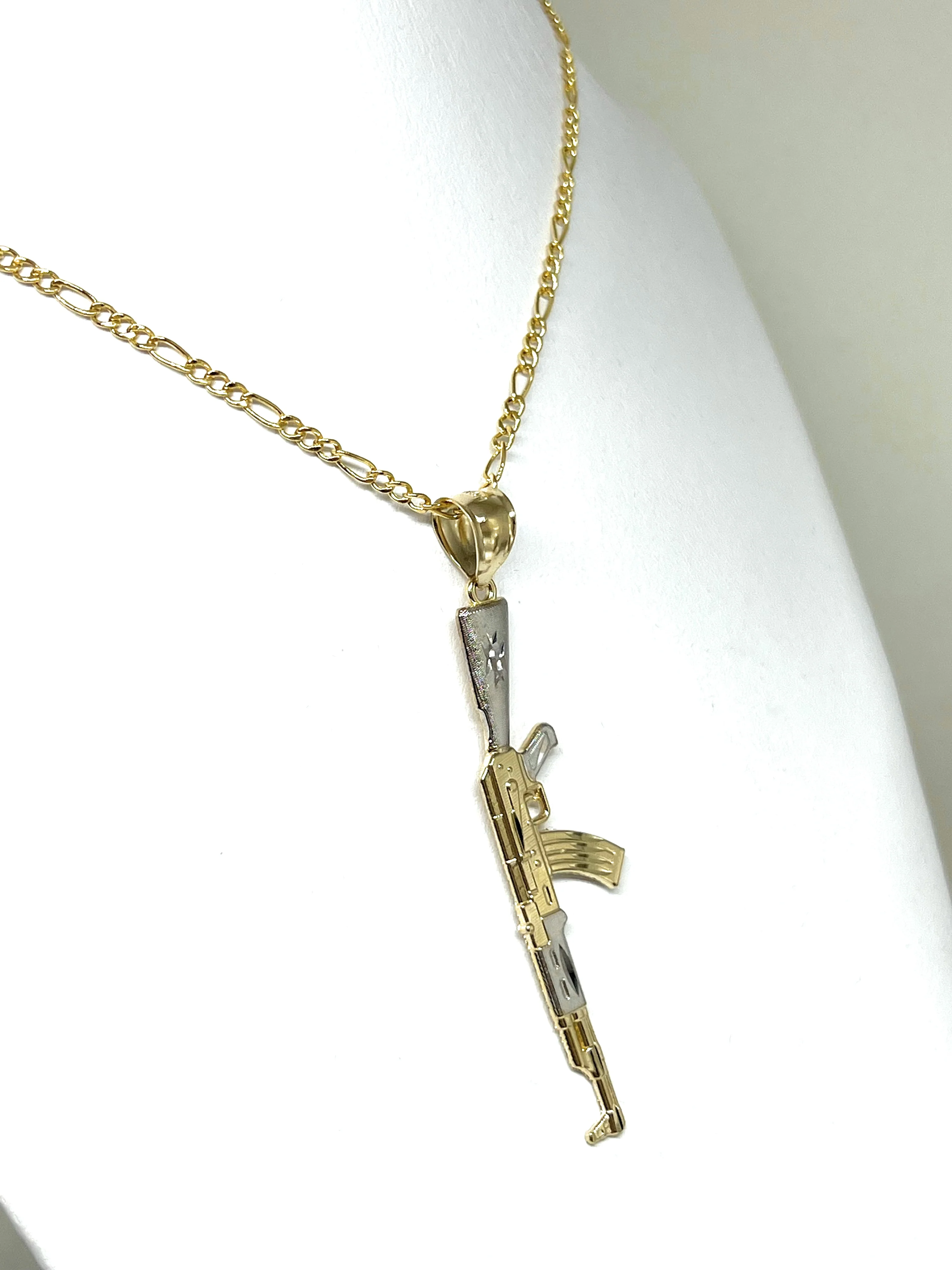 14k Solid Gold 2-Tone Classic Machine Gun AK-47 Detailed Pendant Necklace - Image 5