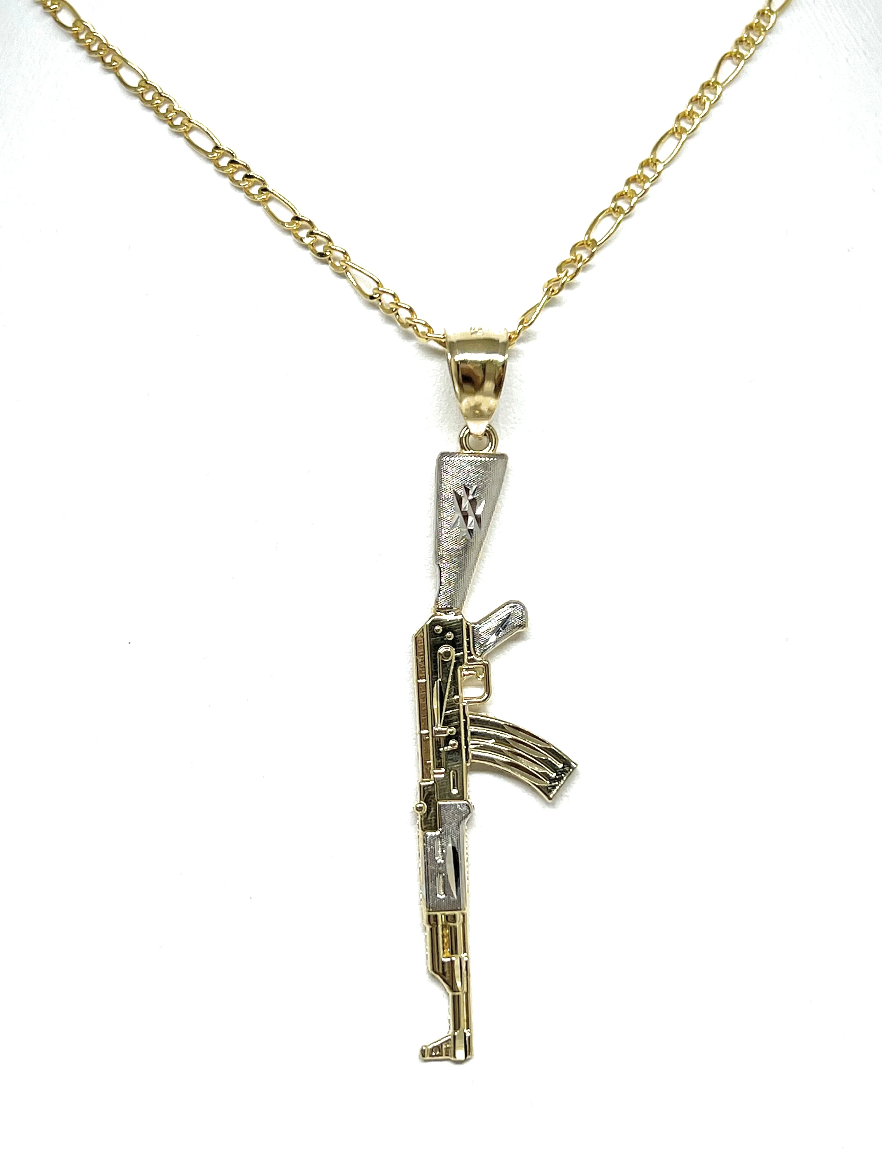 14k Solid Gold 2-Tone Classic Machine Gun AK-47 Detailed Pendant Necklace - Image 6