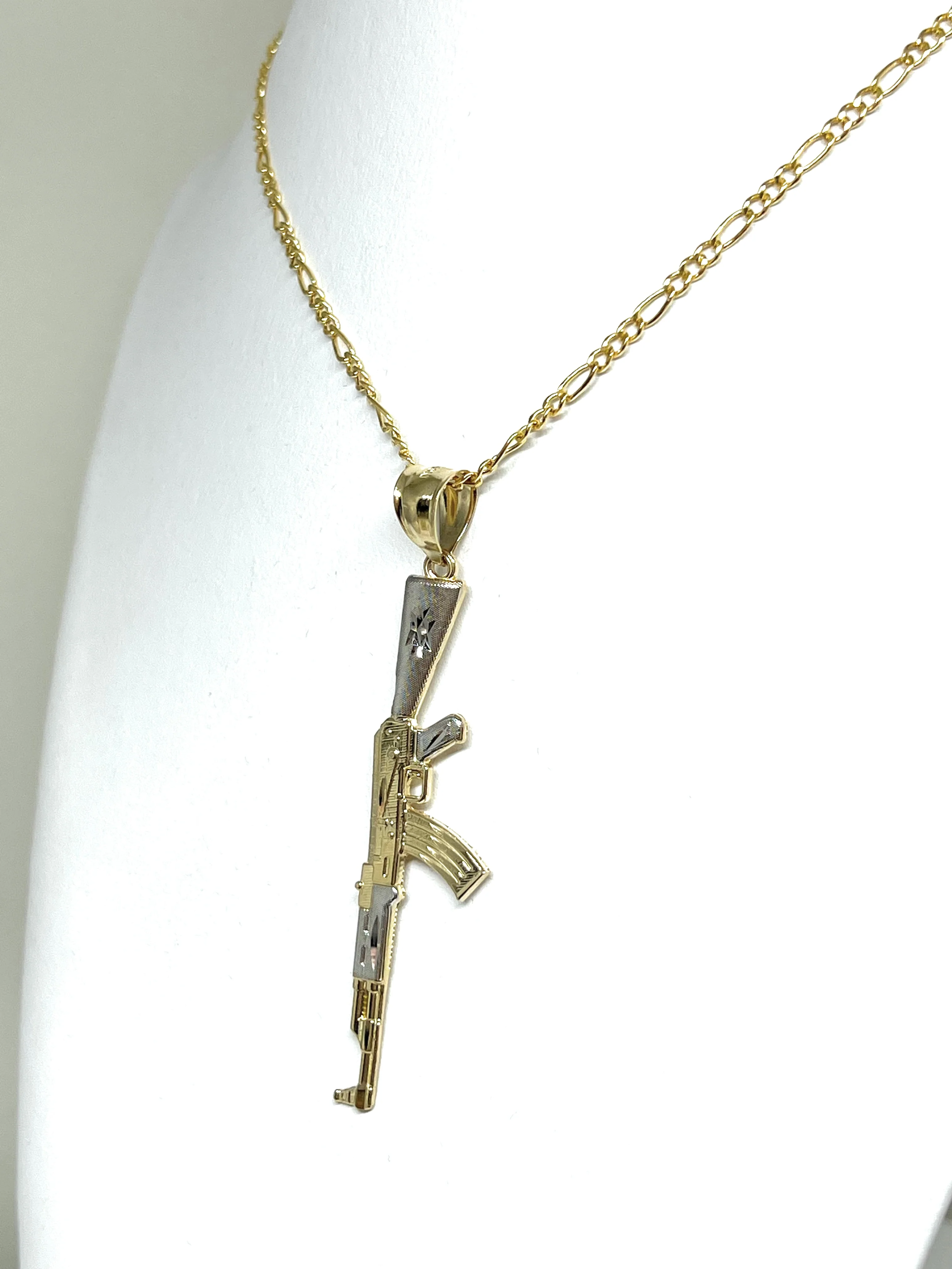 14k Solid Gold 2-Tone Classic Machine Gun AK-47 Detailed Pendant Necklace - Image 7