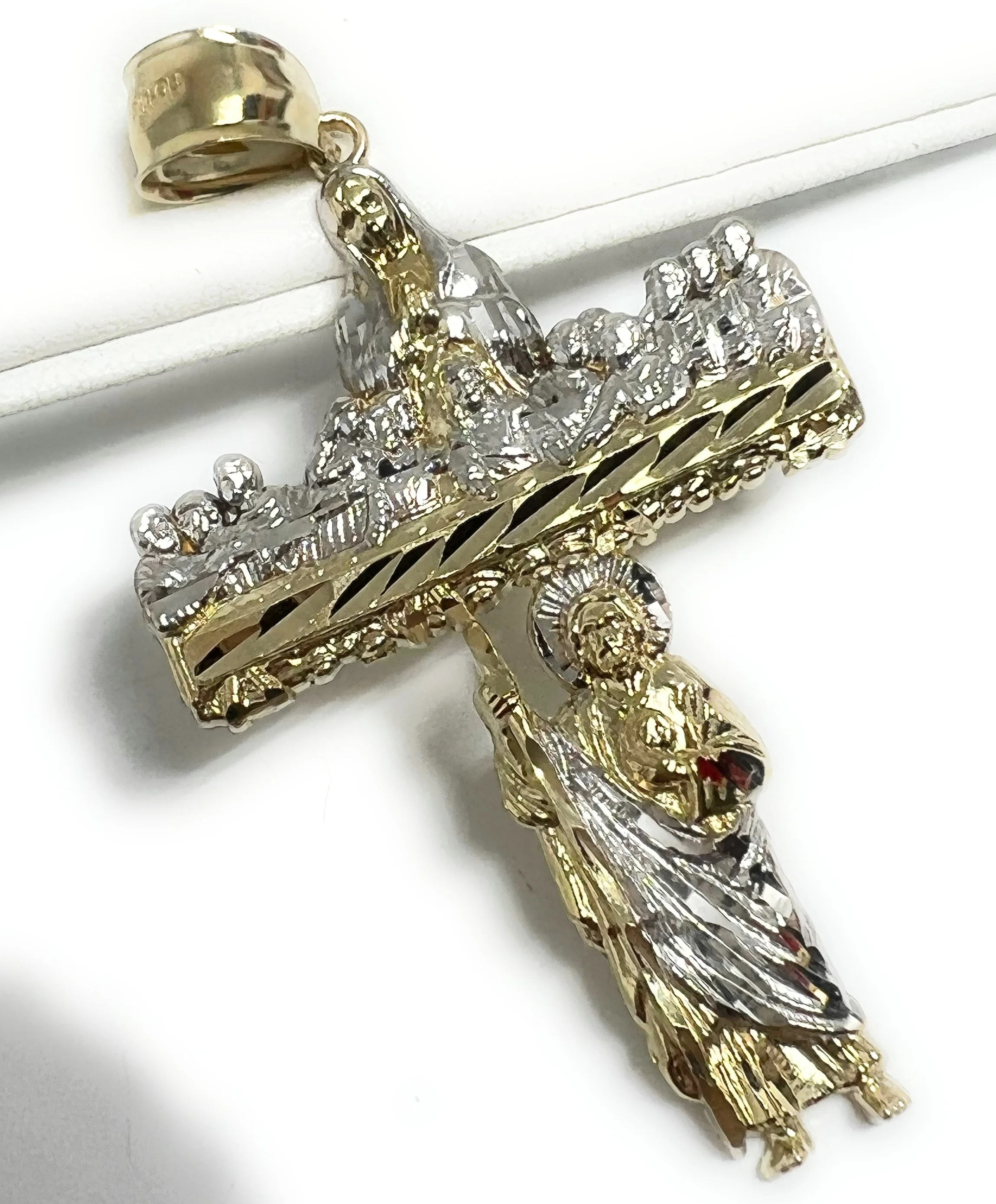 14k Solid Gold 2-Tone CROSS LAST SUPPER Pendant Necklace Virrgin Mary, Saan Judas - Image 5