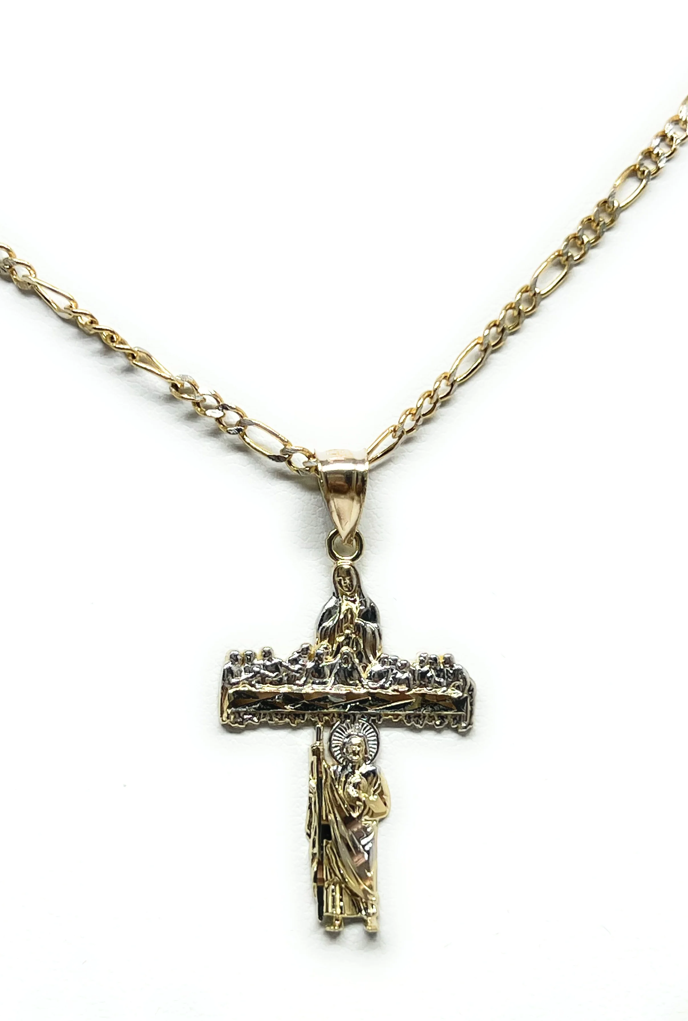 14k Solid Gold 2-Tone CROSS LAST SUPPER Pendant Necklace Virrgin Mary, Saan Judas (SM, MED, LG) - Image 5