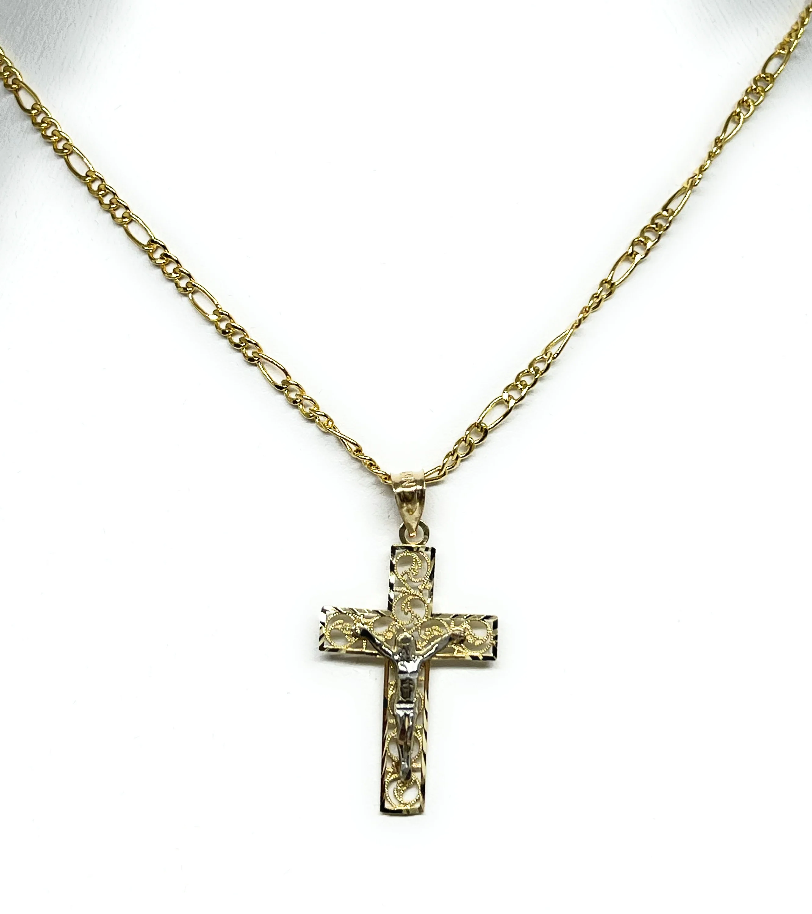 14k Solid Gold 2-Tone Filigran Jesus Cross Crucifix Pendant Necklace - Image 5