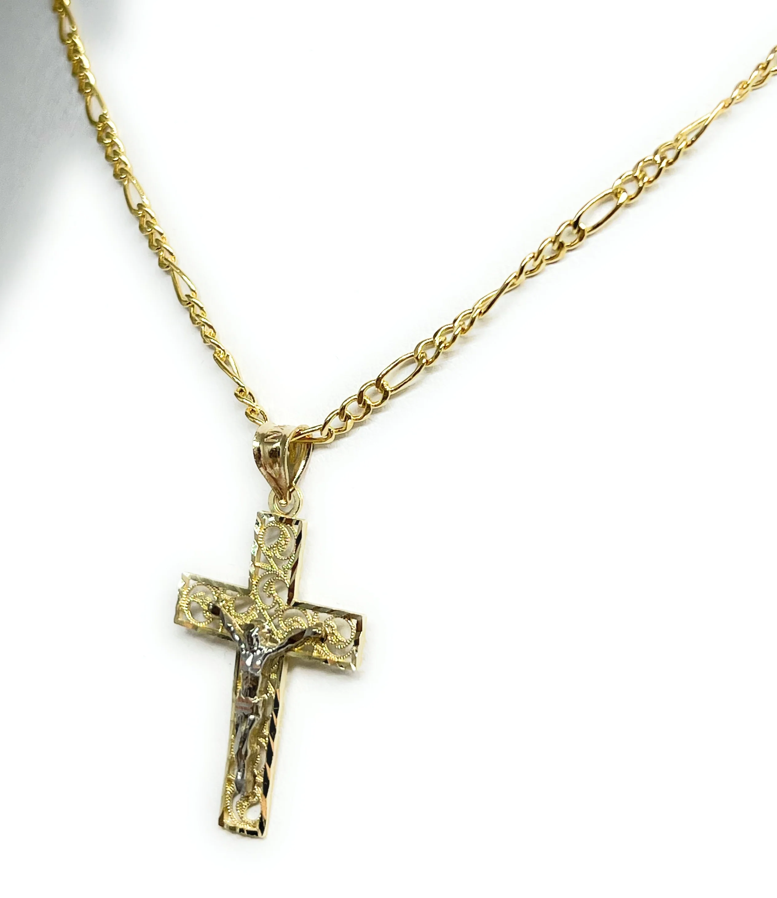 14k Solid Gold 2-Tone Filigran Jesus Cross Crucifix Pendant Necklace - Image 7