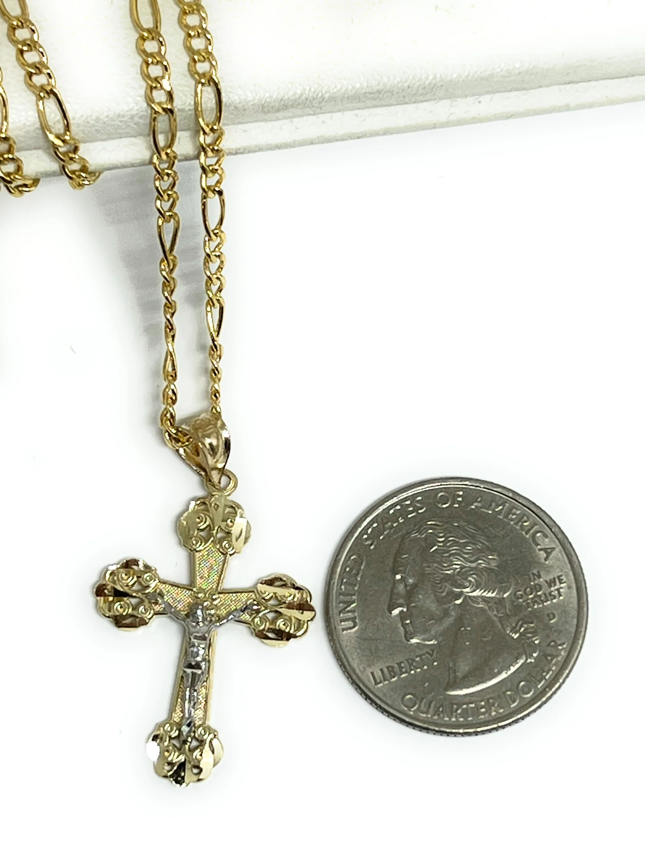 14k Solid Gold 2-Tone Jesus Cross Crucifix Pendant Necklace - Image 2