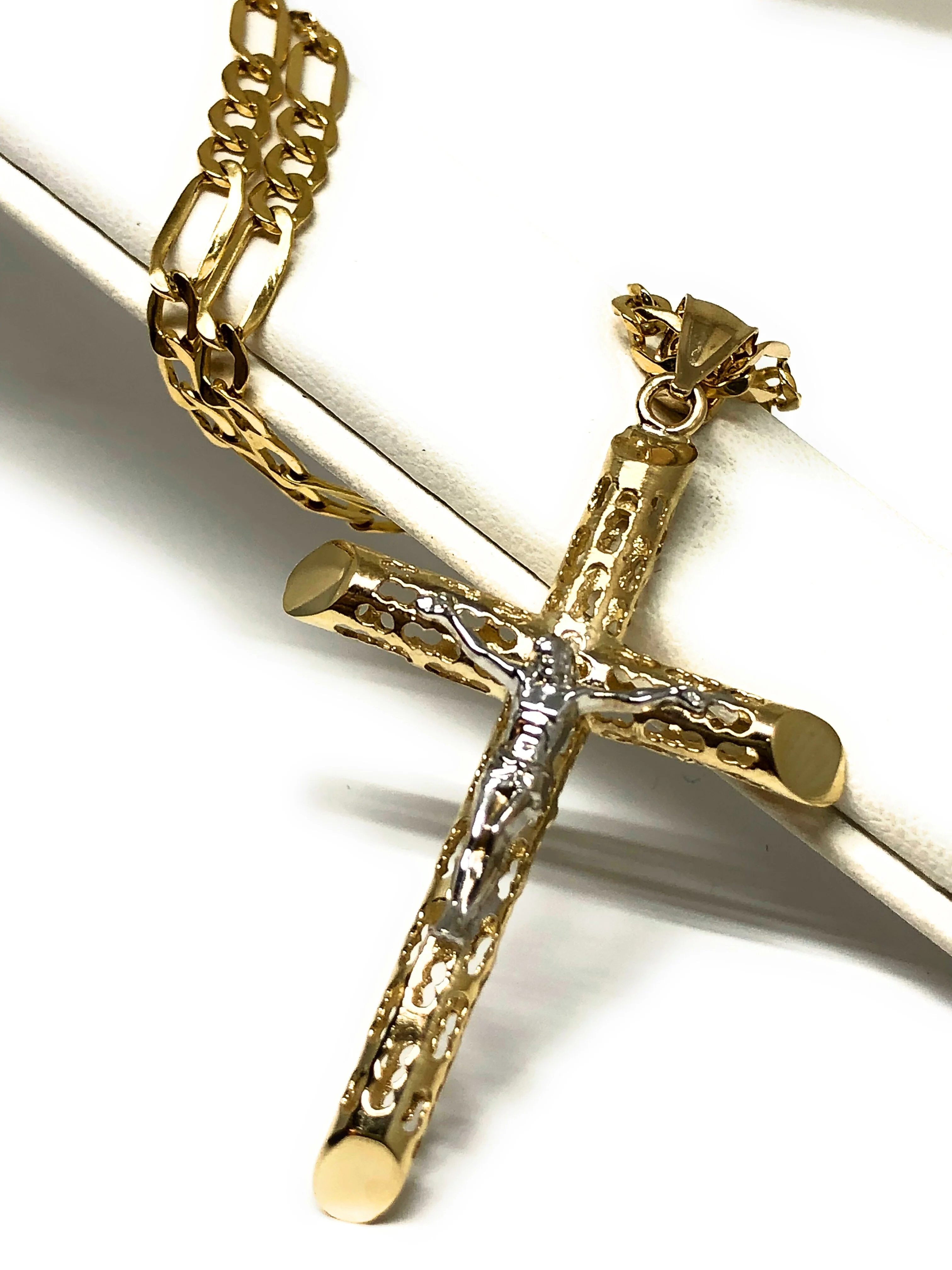 14k Solid Gold 2-Tone Jesus Hollow Termite Cross Pendant Necklace Crucifix (LG, XL) - Image 3
