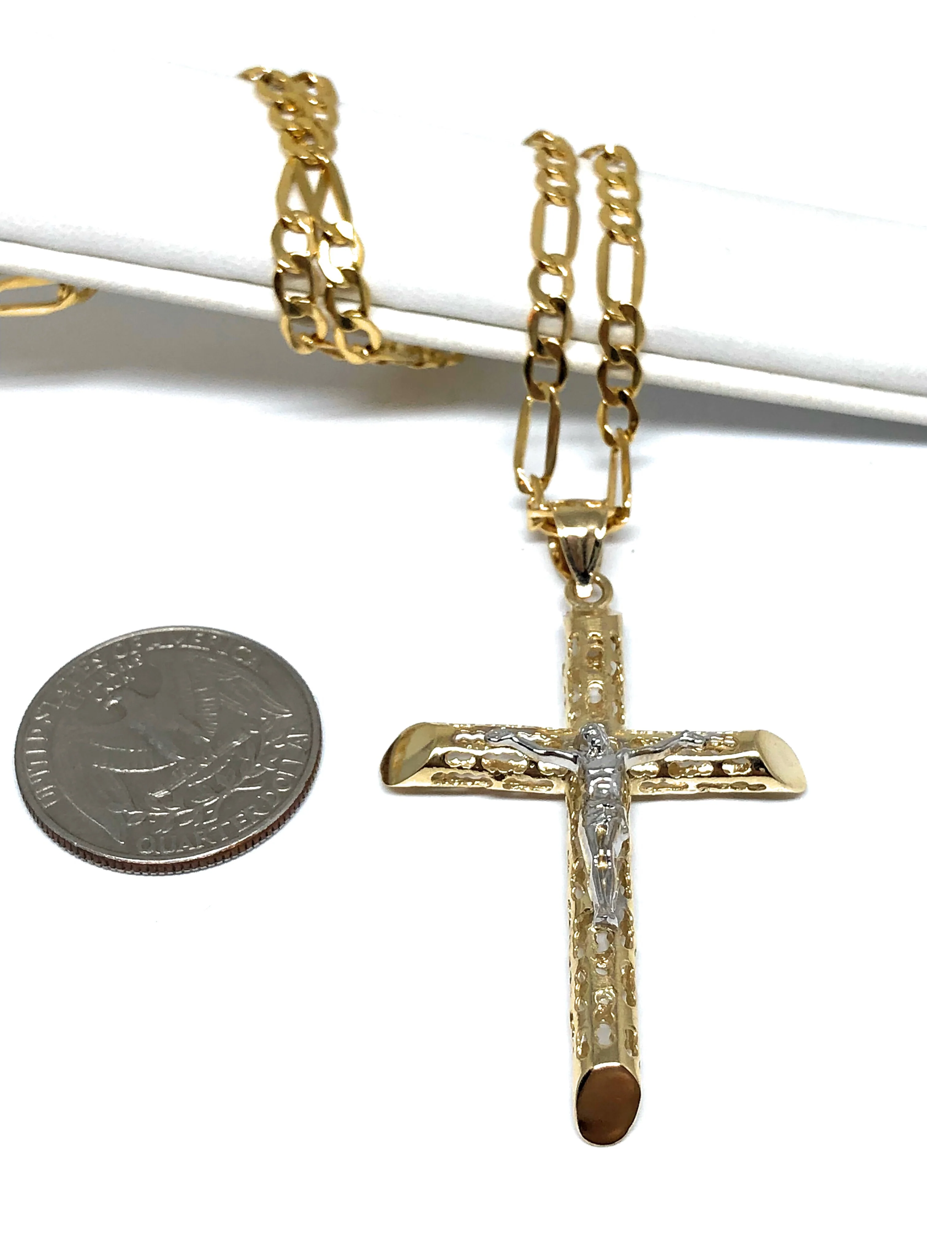 14k Solid Gold 2-Tone Jesus Hollow Termite Cross Pendant Necklace Crucifix (LG, XL) - Image 4