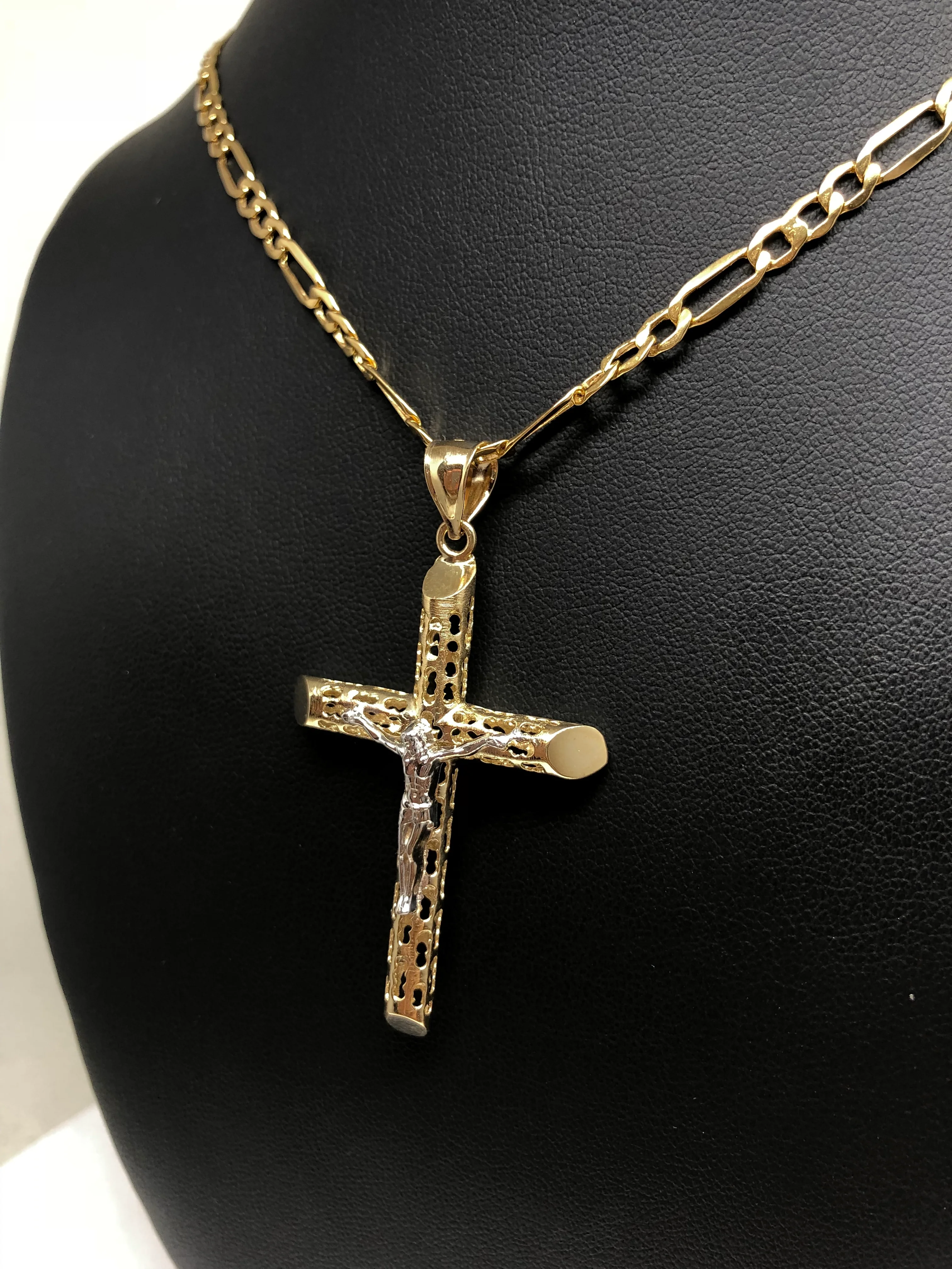 14k Solid Gold 2-Tone Jesus Hollow Termite Cross Pendant Necklace Crucifix (LG, XL) - Image 6