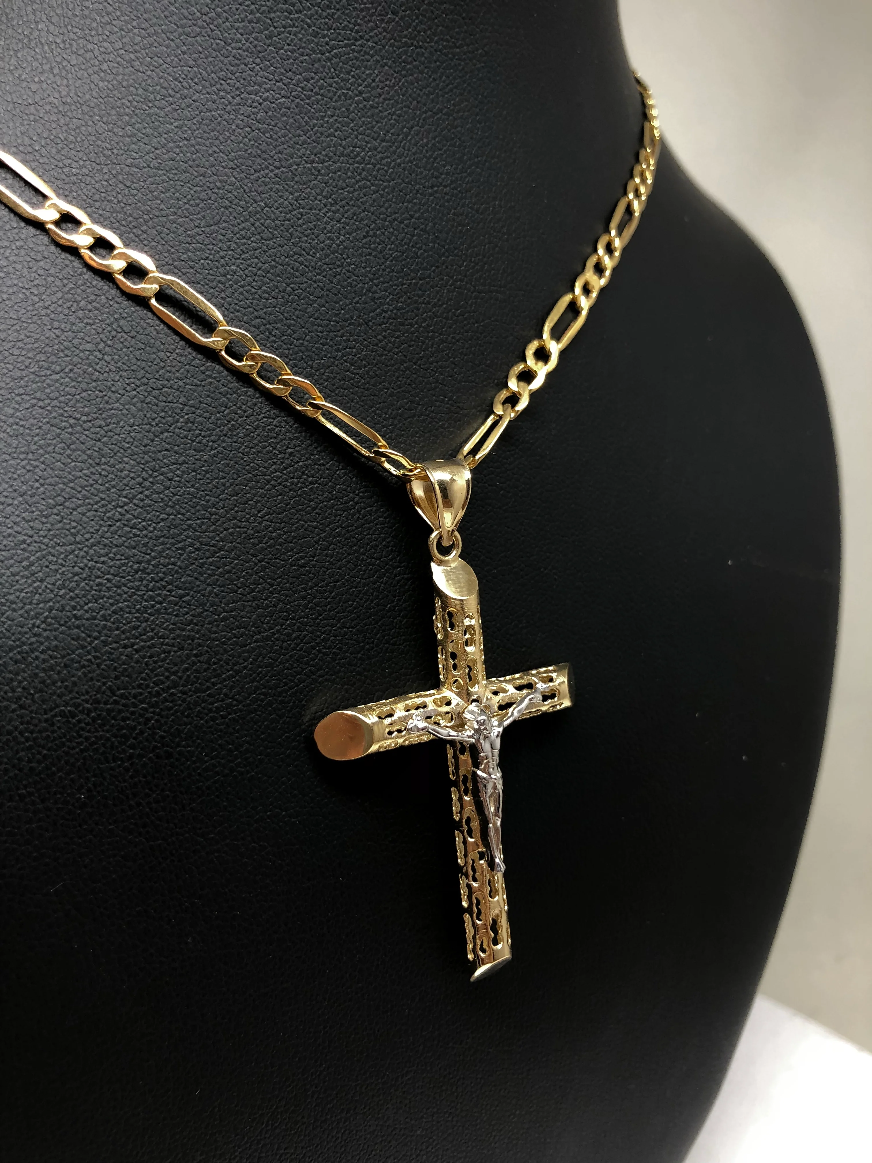 14k Solid Gold 2-Tone Jesus Hollow Termite Cross Pendant Necklace Crucifix (LG, XL) - Image 8