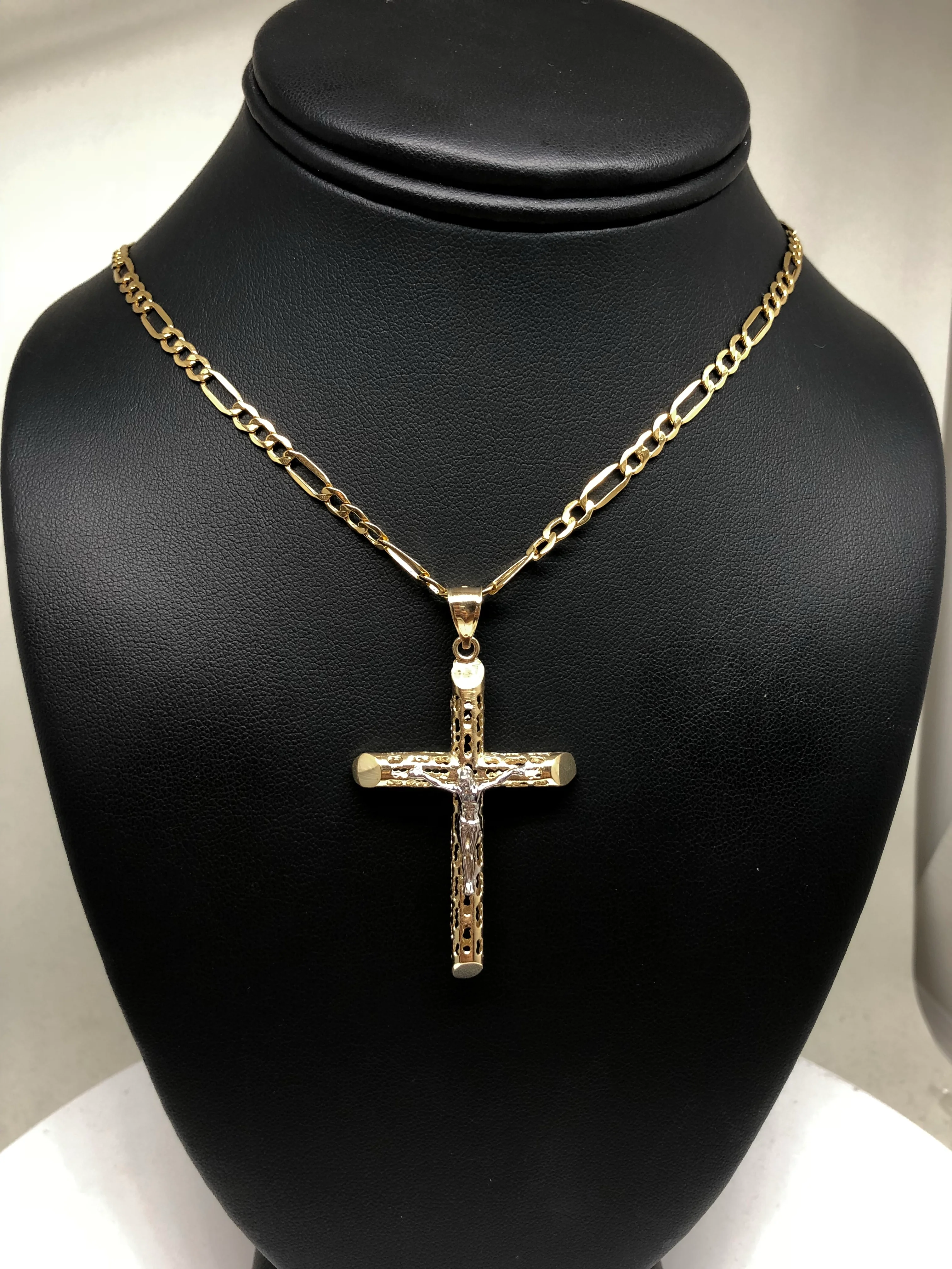 14k Solid Gold 2-Tone Jesus Hollow Termite Cross Pendant Necklace Crucifix (LG, XL) - Image 9