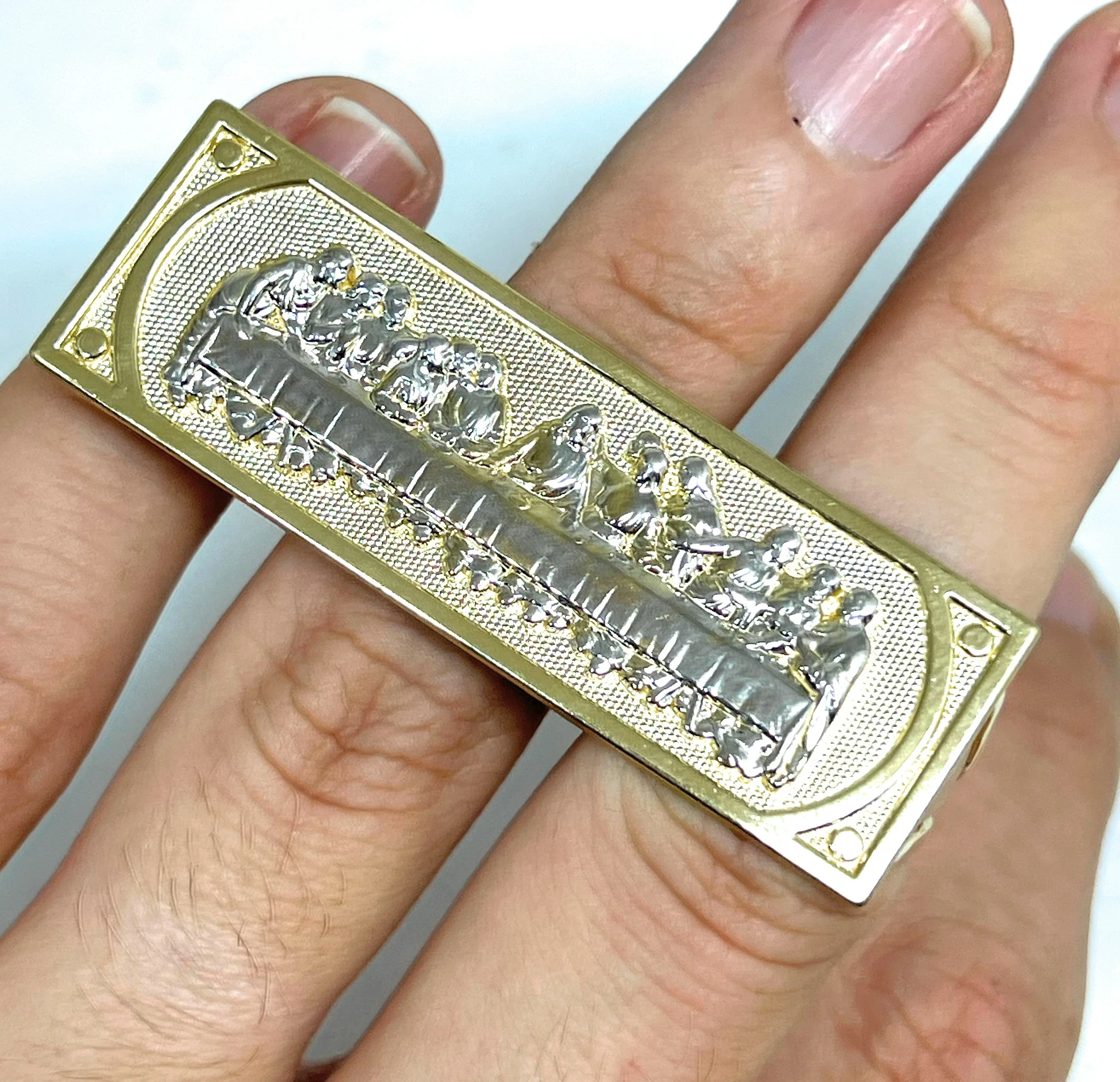 14k Solid Gold 2-Tone LAST SUPPER THREE FINGER Ring (13.8g) - Image 2