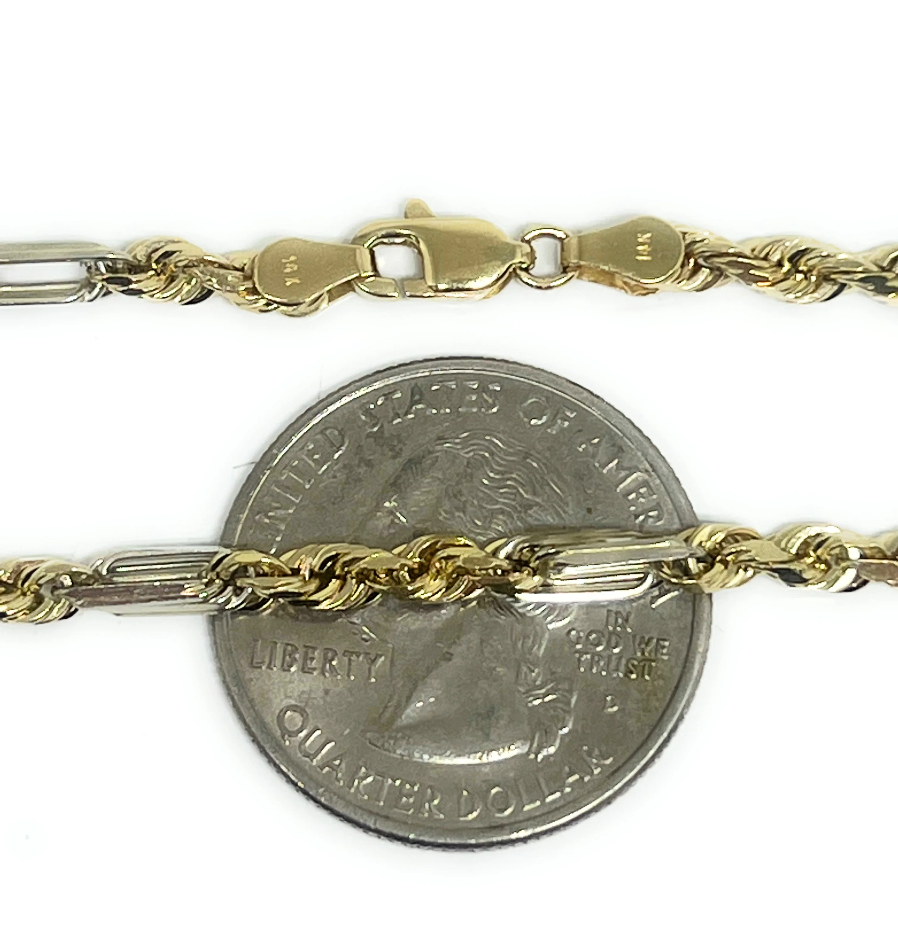 14k Solid Gold 2-Tone Milano Rope "FIGAROPE" BRRACELET 7-8 inch 3mm (FULL SOLID STYLE) (6g) - Image 4