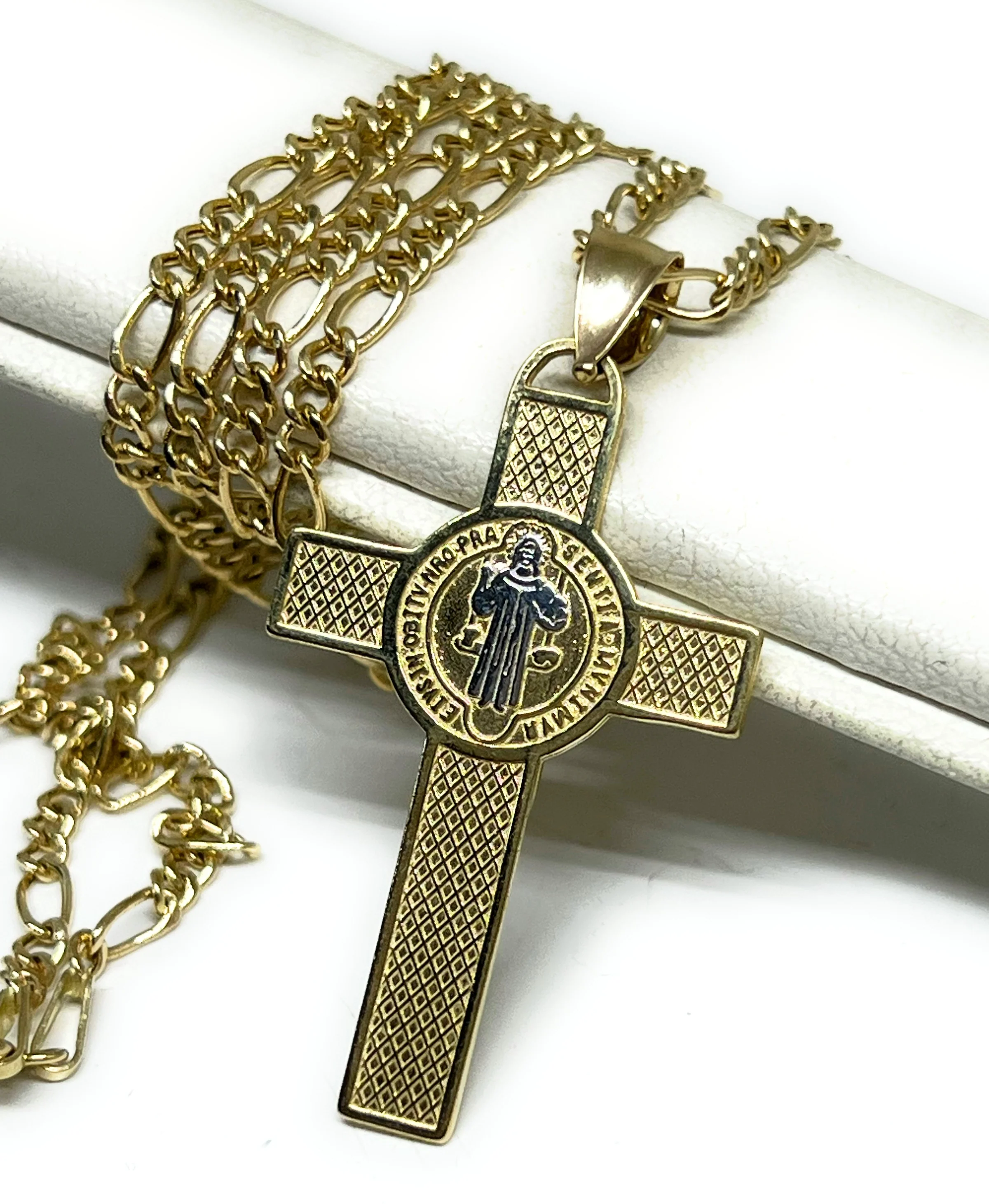 14k Solid Gold 2-Tone Sann Bennito Cross Pendant Necklace - Image 5