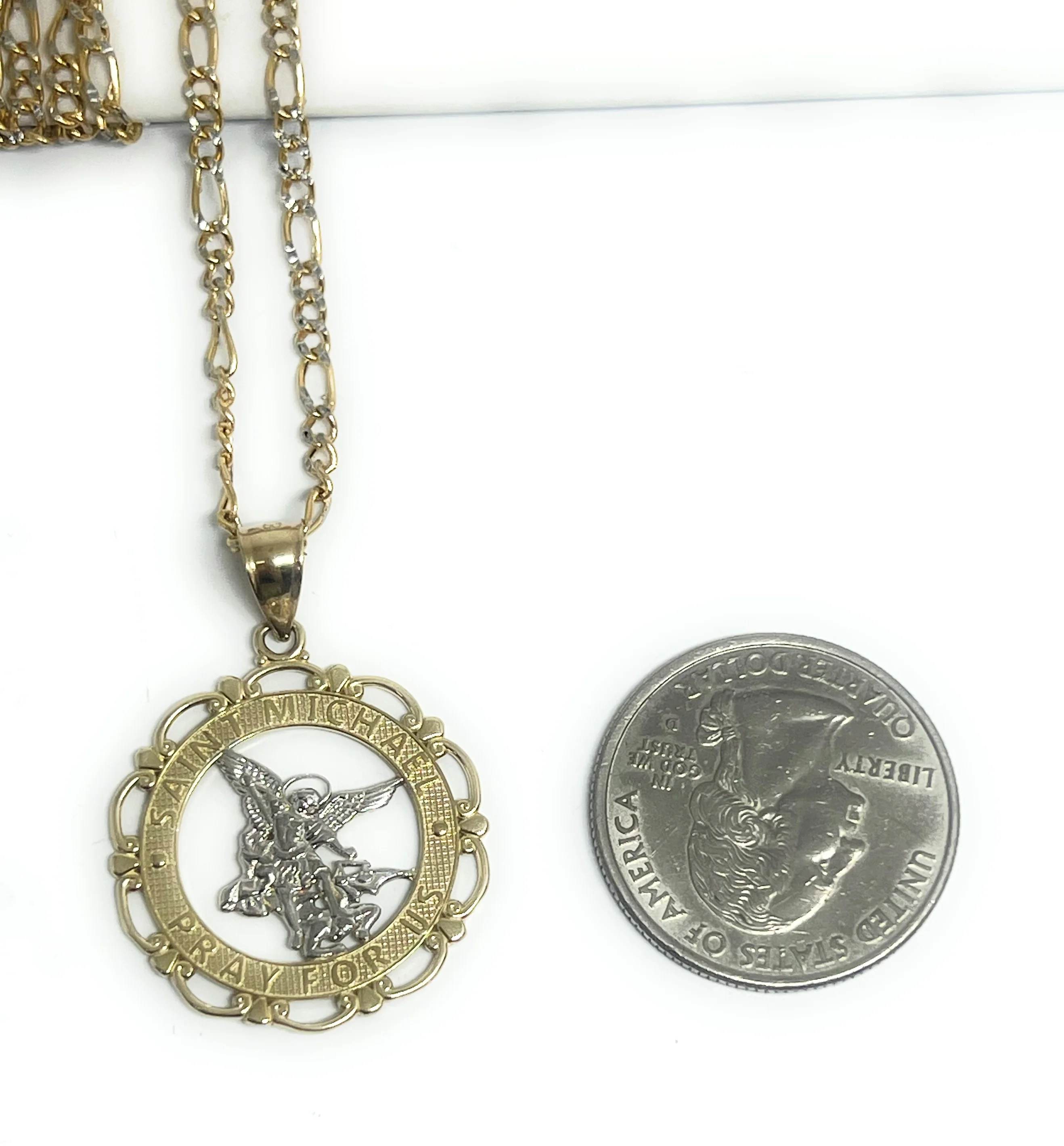 14k Solid Gold 2-Tone St. Michael Archangel "Pray for Us" Pendant Necklace - Image 2