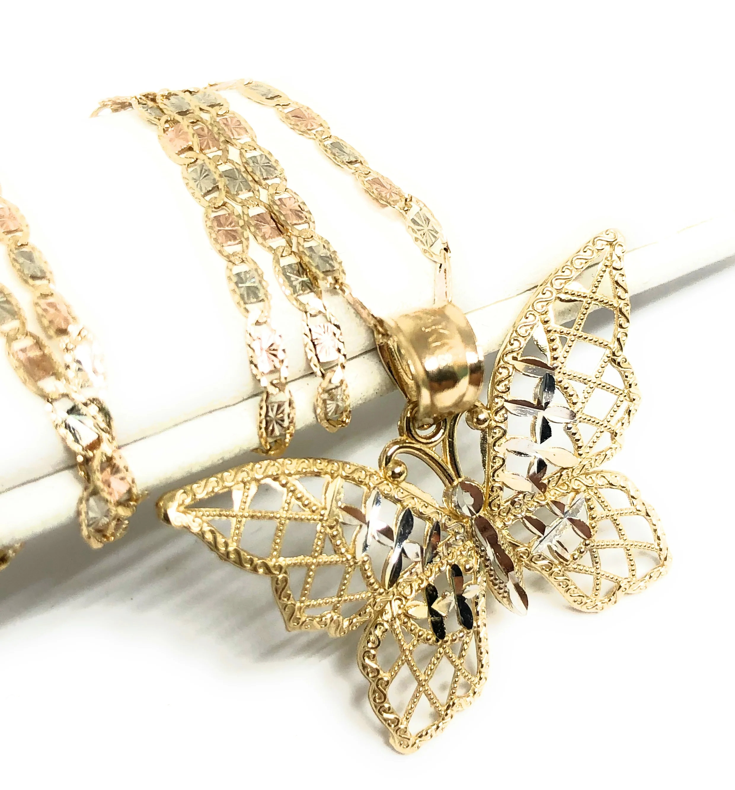 14k Solid Gold 2-Tone Butterfly Pendant Necklace Valentina Chain - Image 3