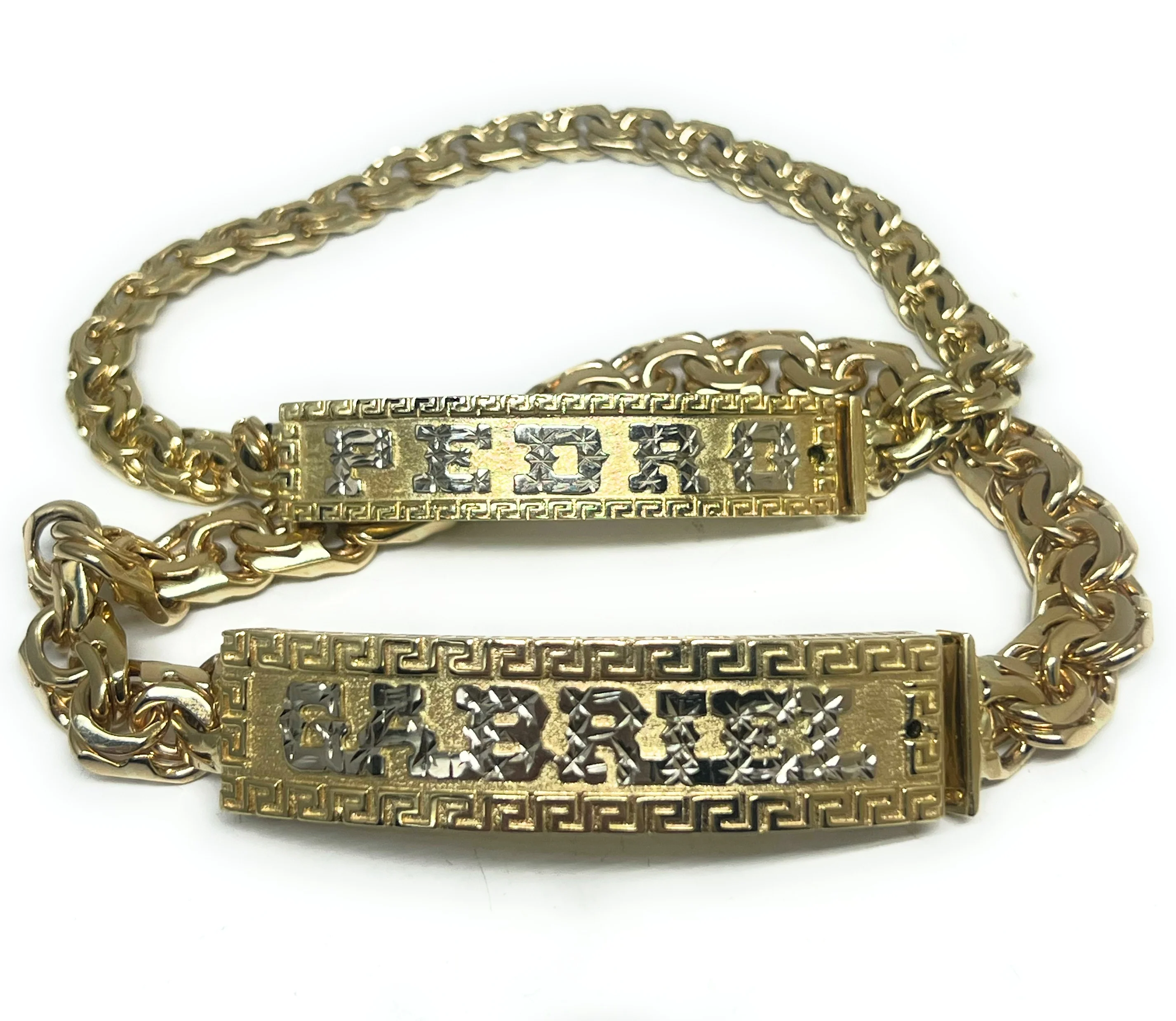 14k Solid Gold CHINO LINK GREEK BORDER (MEANDROS) SUPERIMPOSED (SOBREPUESTO) CUSTOMIZED 3D NAME BRRACELET 8.5 INCH 7MM WIDTH (MADE IN MX) (LARGE, MED)