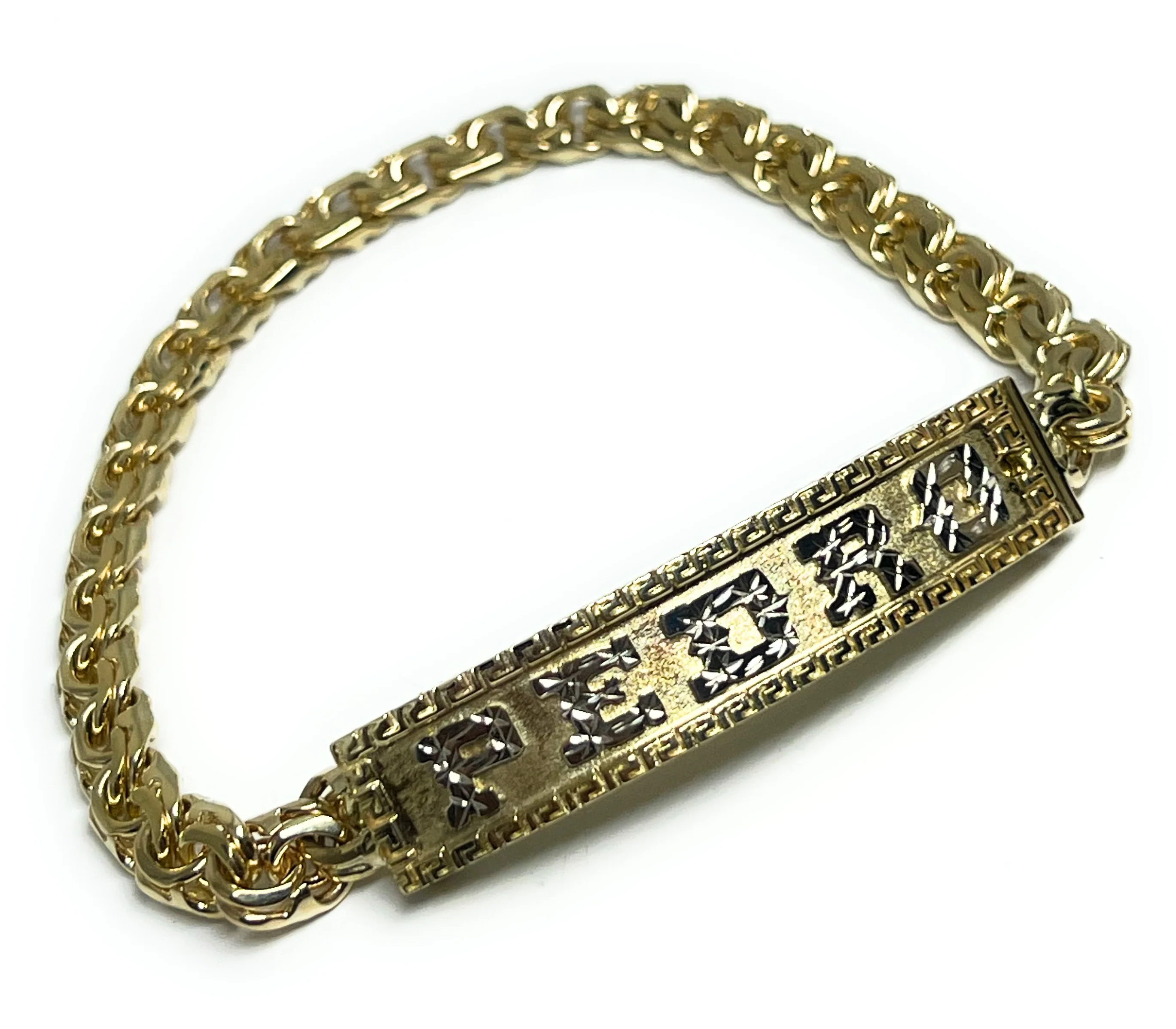10k Solid Gold CHINO LINK GREEK BORDER (MEANDROS) SUPERIMPOSED (SOBREPUESTO) CUSTOMIZED 3D NAME BRRACELET 8-8.5 INCH 7MM WIDTH (MADE IN MX) - Image 15