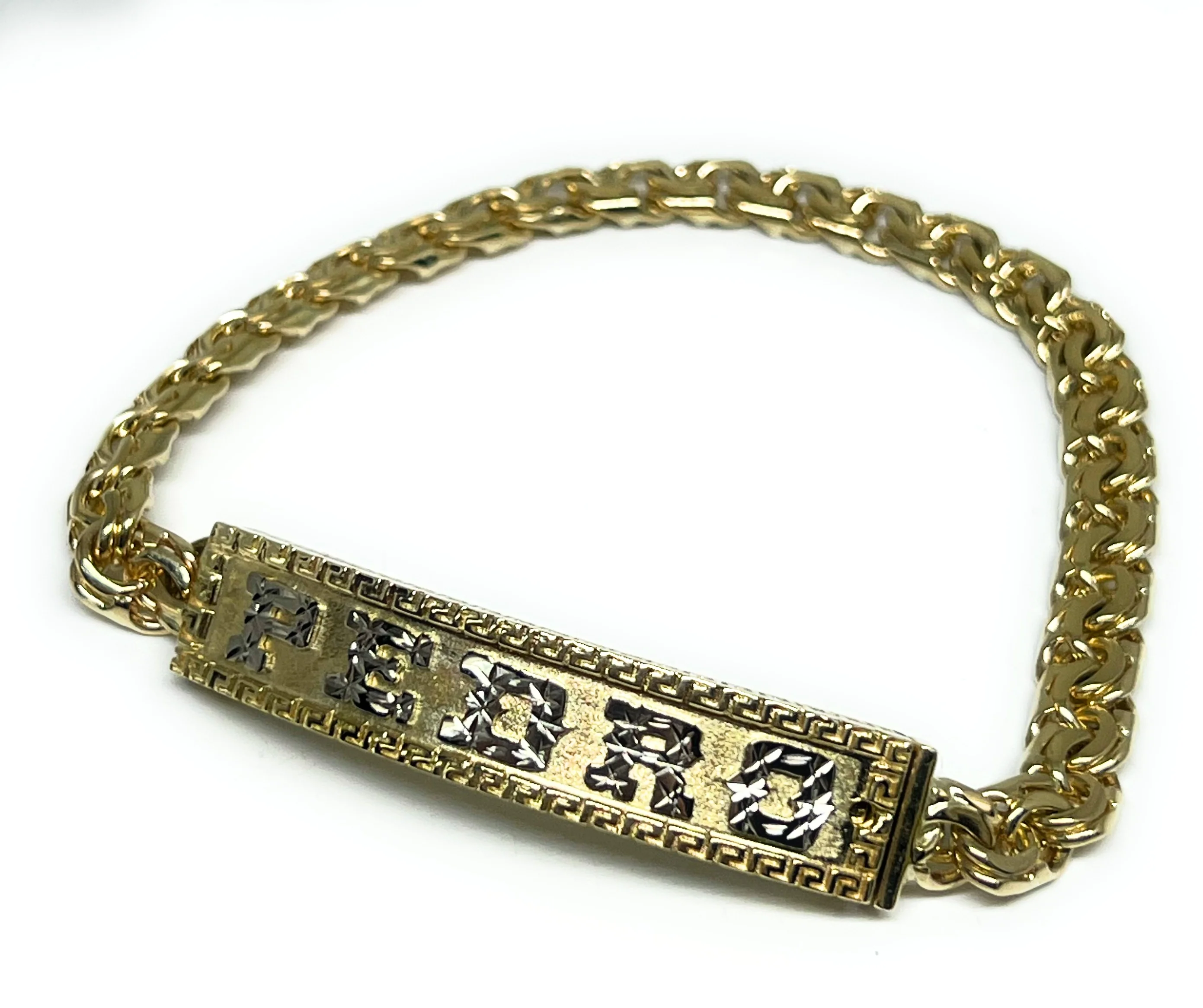 10k Solid Gold CHINO LINK GREEK BORDER (MEANDROS) SUPERIMPOSED (SOBREPUESTO) CUSTOMIZED 3D NAME BRRACELET 8-8.5 INCH 7MM WIDTH (MADE IN MX) - Image 16