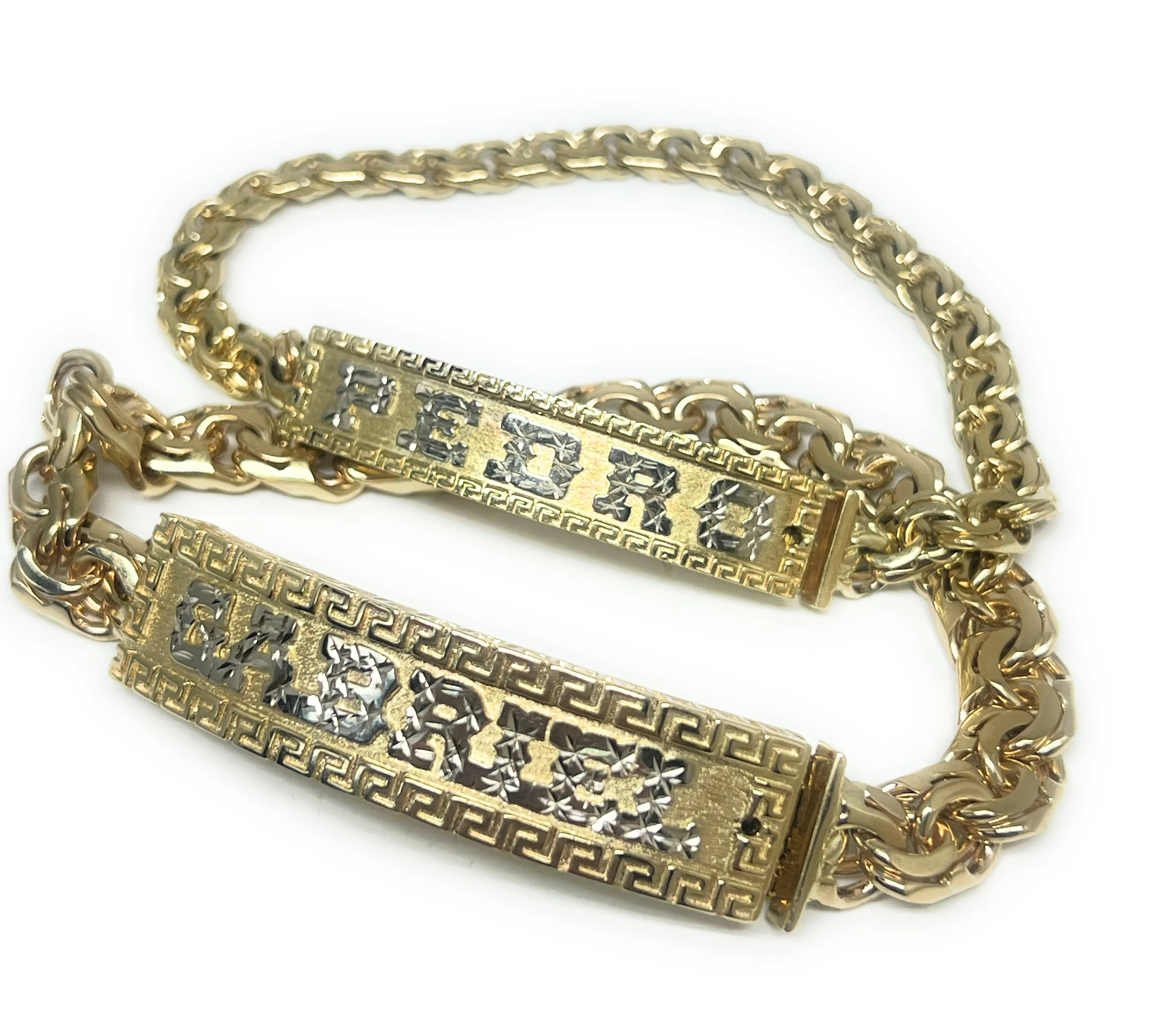 14k Solid Gold CHINO LINK GREEK BORDER (MEANDROS) SUPERIMPOSED (SOBREPUESTO) CUSTOMIZED 3D NAME BRRACELET 8.5 INCH 7MM WIDTH (MADE IN MX) (LARGE, MED) - Image 16
