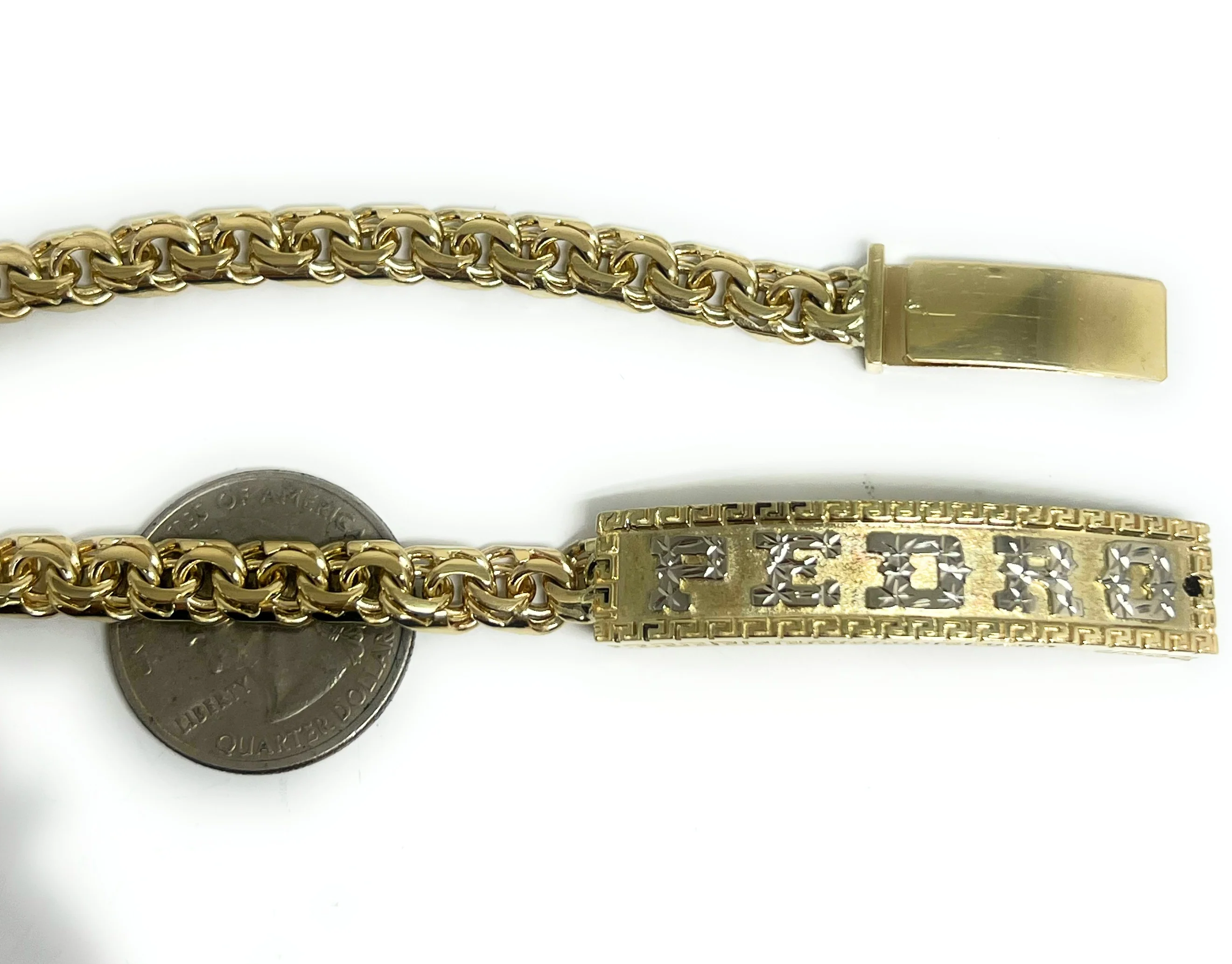 10k Solid Gold CHINO LINK GREEK BORDER (MEANDROS) SUPERIMPOSED (SOBREPUESTO) CUSTOMIZED 3D NAME BRRACELET 8-8.5 INCH 7MM WIDTH (MADE IN MX) - Image 5