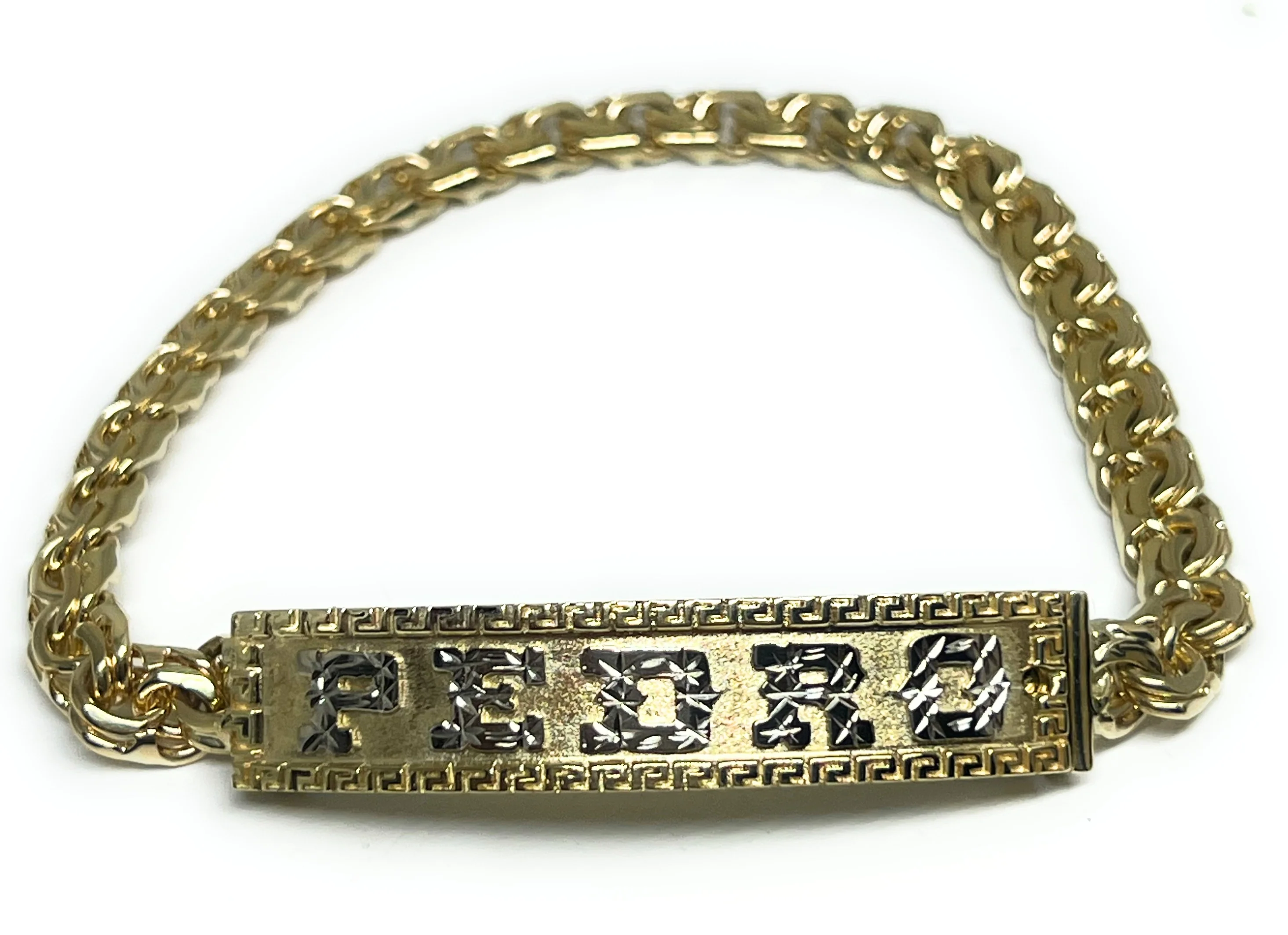 10k Solid Gold CHINO LINK GREEK BORDER (MEANDROS) SUPERIMPOSED (SOBREPUESTO) CUSTOMIZED 3D NAME BRRACELET 8-8.5 INCH 7MM WIDTH (MADE IN MX) - Image 6