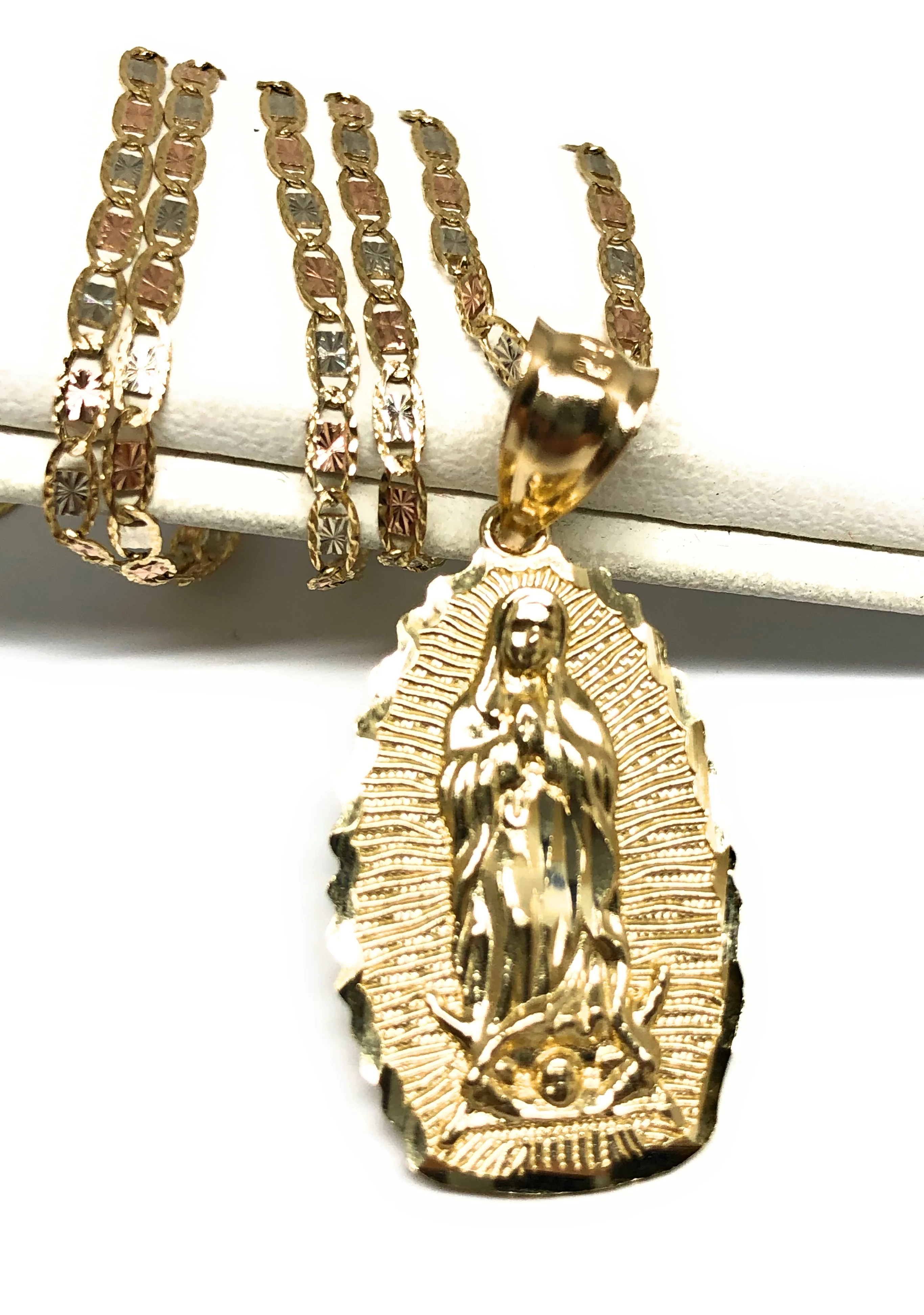 14k Solid Gold Classic Virrgin Mary Pendant Necklace Virrgen Gaudalupe Chain (XL, LG, MED, SM)