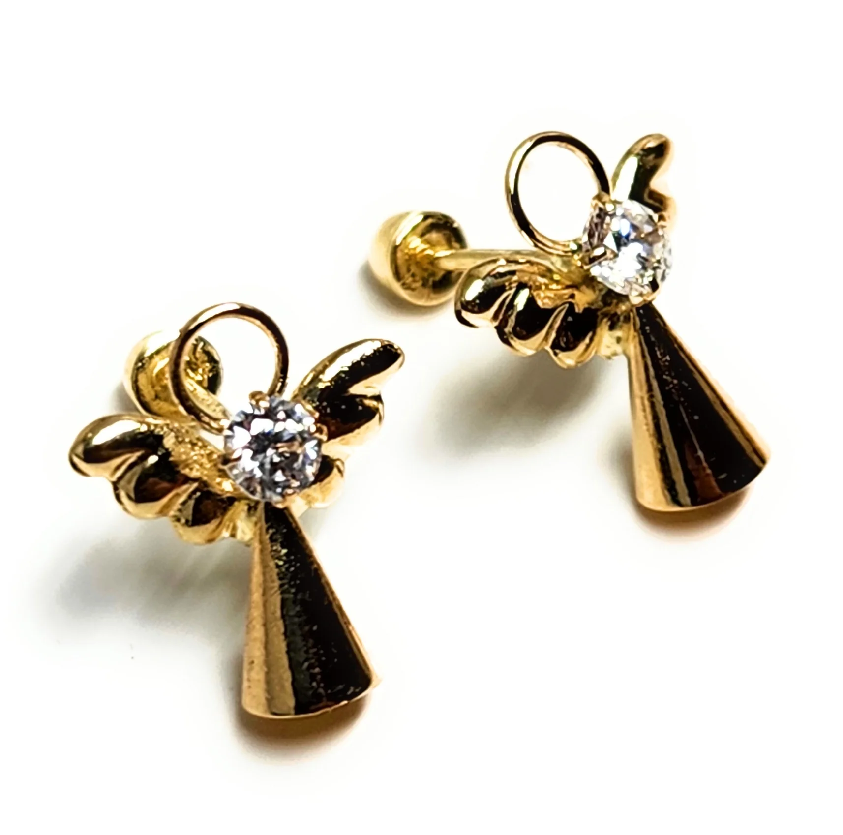 14k Solid Gold Cubic Zirconia SMALL DAINTY ANGEL CONE Stud Earrings (FCE 32) (MADE IN MX) - Image 3