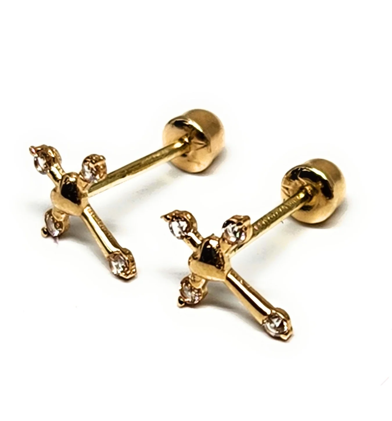 14k Solid Gold Cubic Zirconia SMALL DAINTY CROSS WITH HEART Stud Earrings (FCE 38) (MADE IN MX) - Image 2