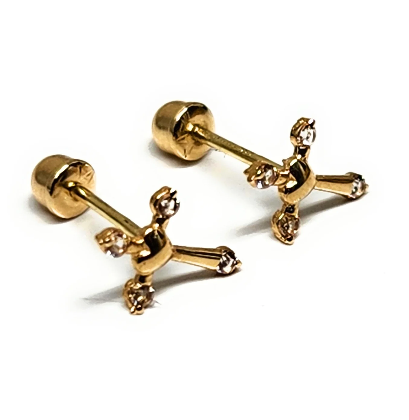 14k Solid Gold Cubic Zirconia SMALL DAINTY CROSS WITH HEART Stud Earrings (FCE 38) (MADE IN MX) - Image 3