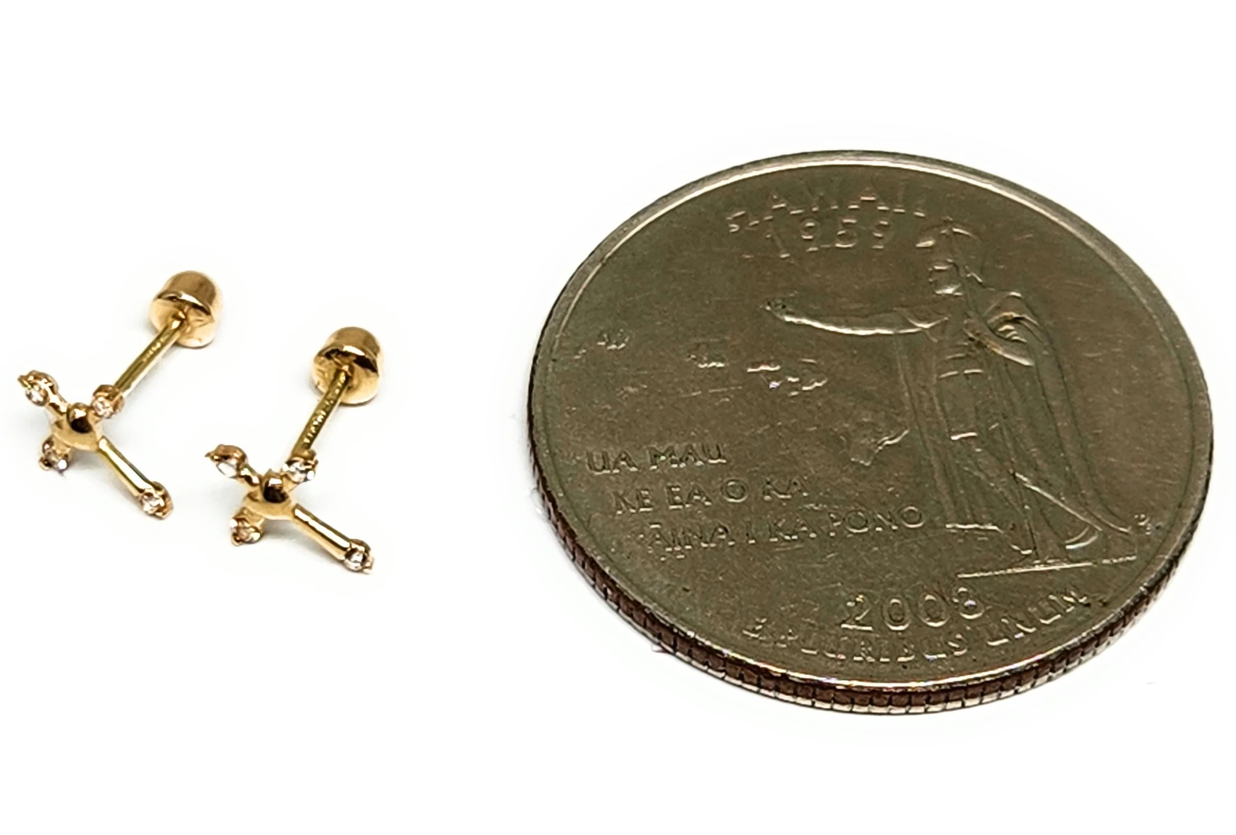 14k Solid Gold Cubic Zirconia SMALL DAINTY CROSS WITH HEART Stud Earrings (FCE 38) (MADE IN MX) - Image 4