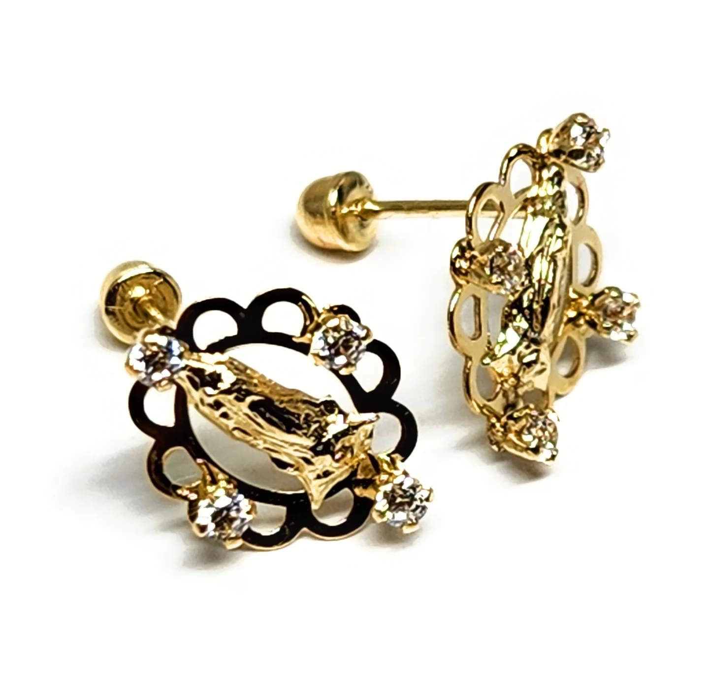 14k Solid Gold Cubic Zirconia SMALL DAINTY VIRRGIN MARY Stud Earrings (FCE 36) (MADE IN MX) - Image 2