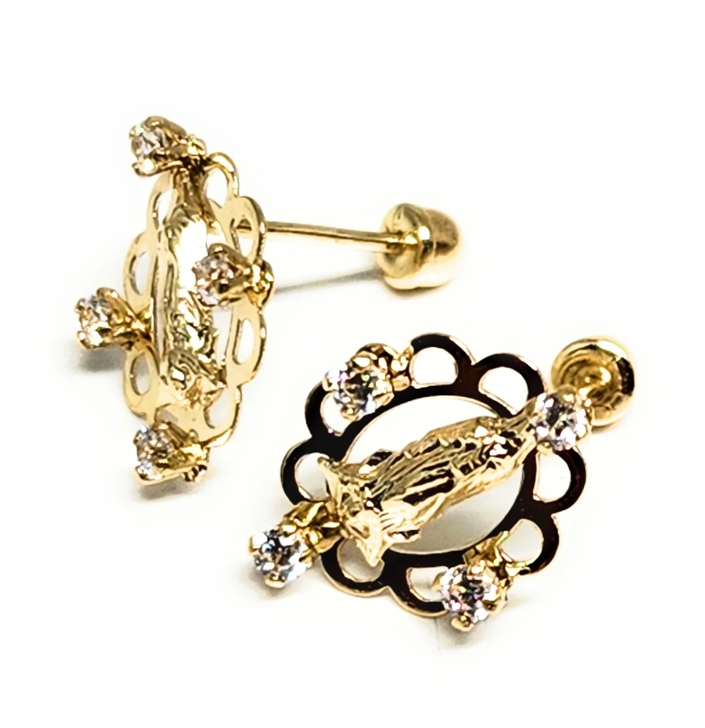 14k Solid Gold Cubic Zirconia SMALL DAINTY VIRRGIN MARY Stud Earrings (FCE 36) (MADE IN MX) - Image 3