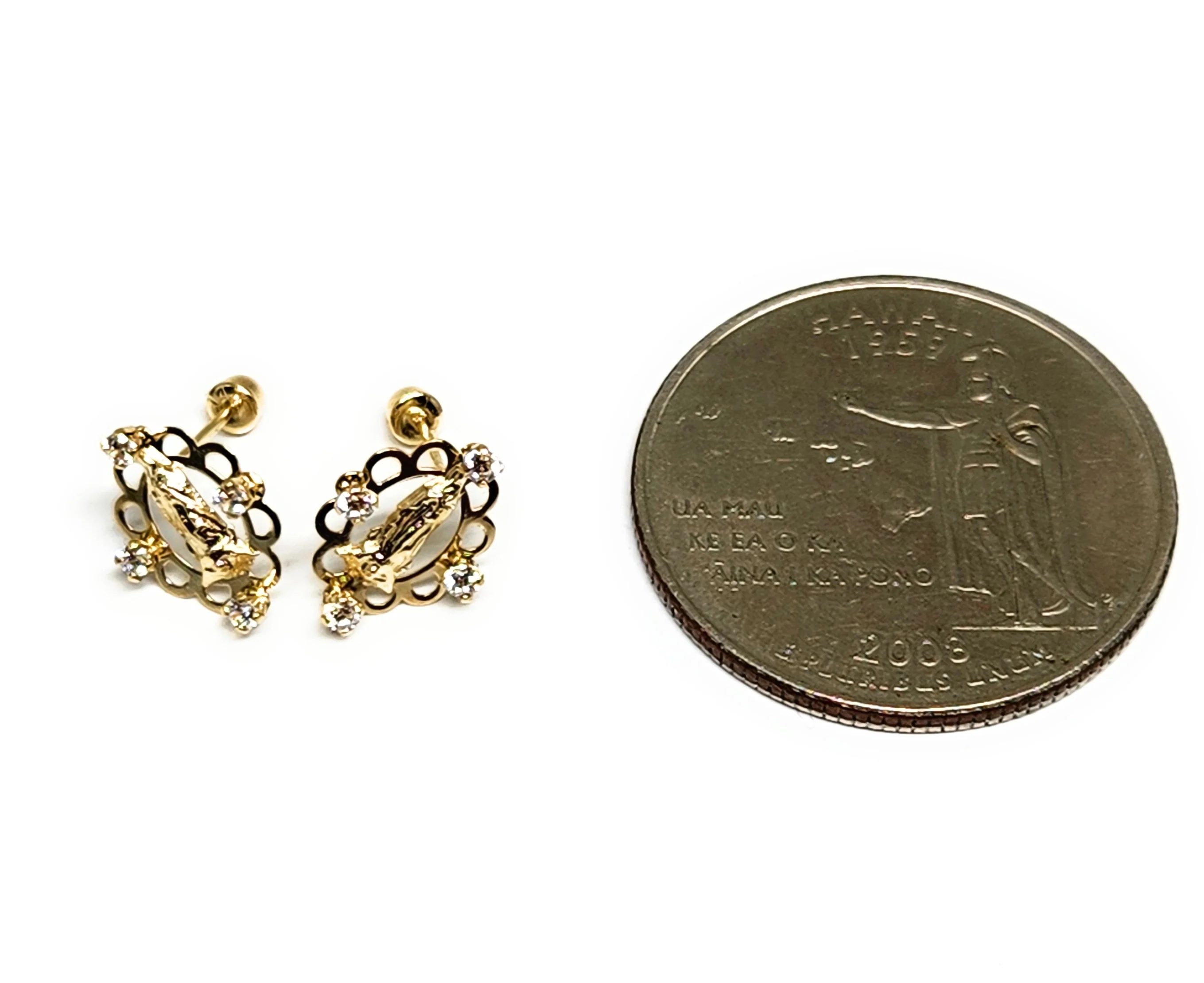 14k Solid Gold Cubic Zirconia SMALL DAINTY VIRRGIN MARY Stud Earrings (FCE 36) (MADE IN MX) - Image 4