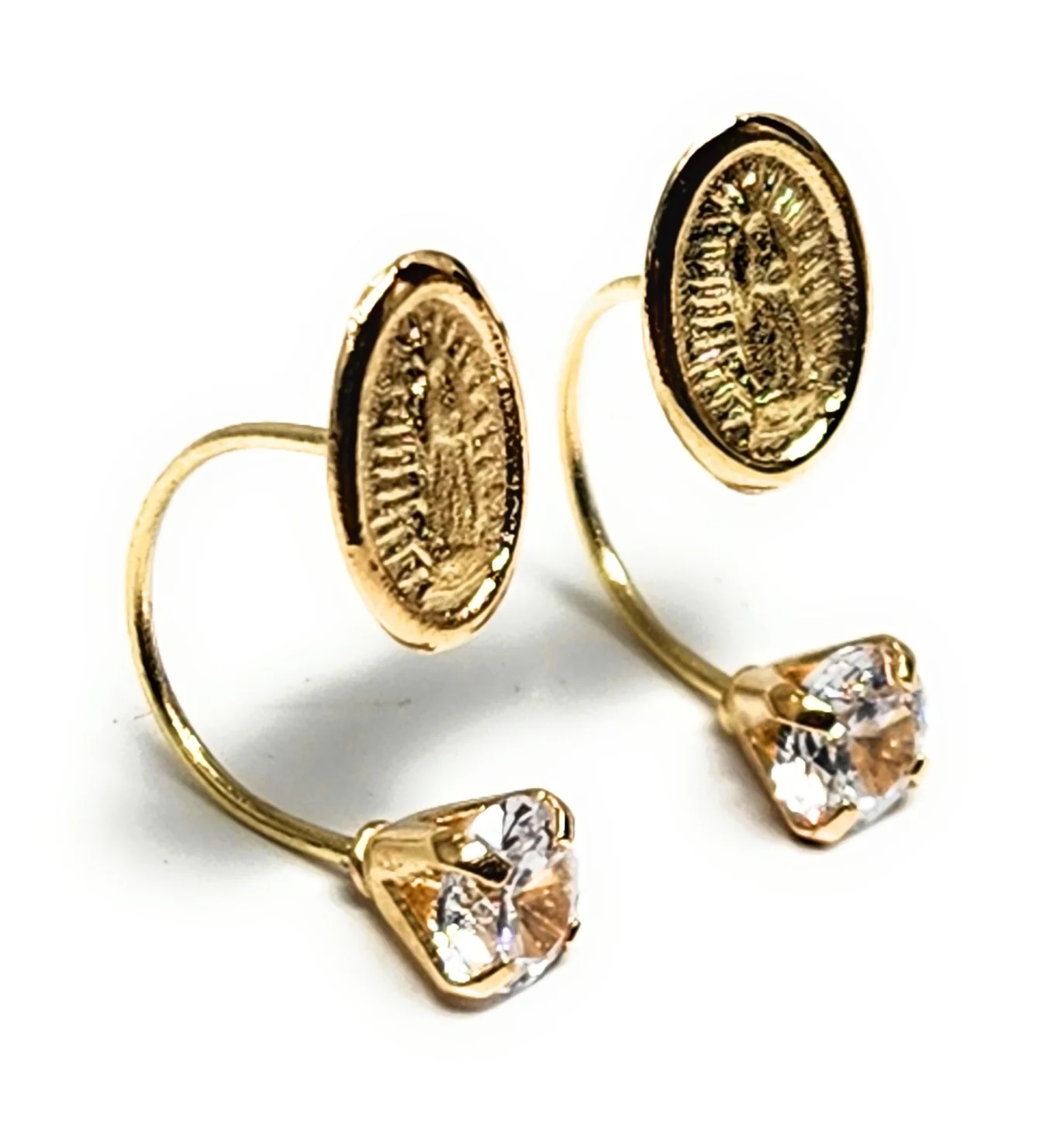 14k Solid Gold Cubic Zirconia SMALL DAINTY VIRRGIN MARY CURVED Stud Earrings (FCE 34) (MADE IN MX) - Image 2