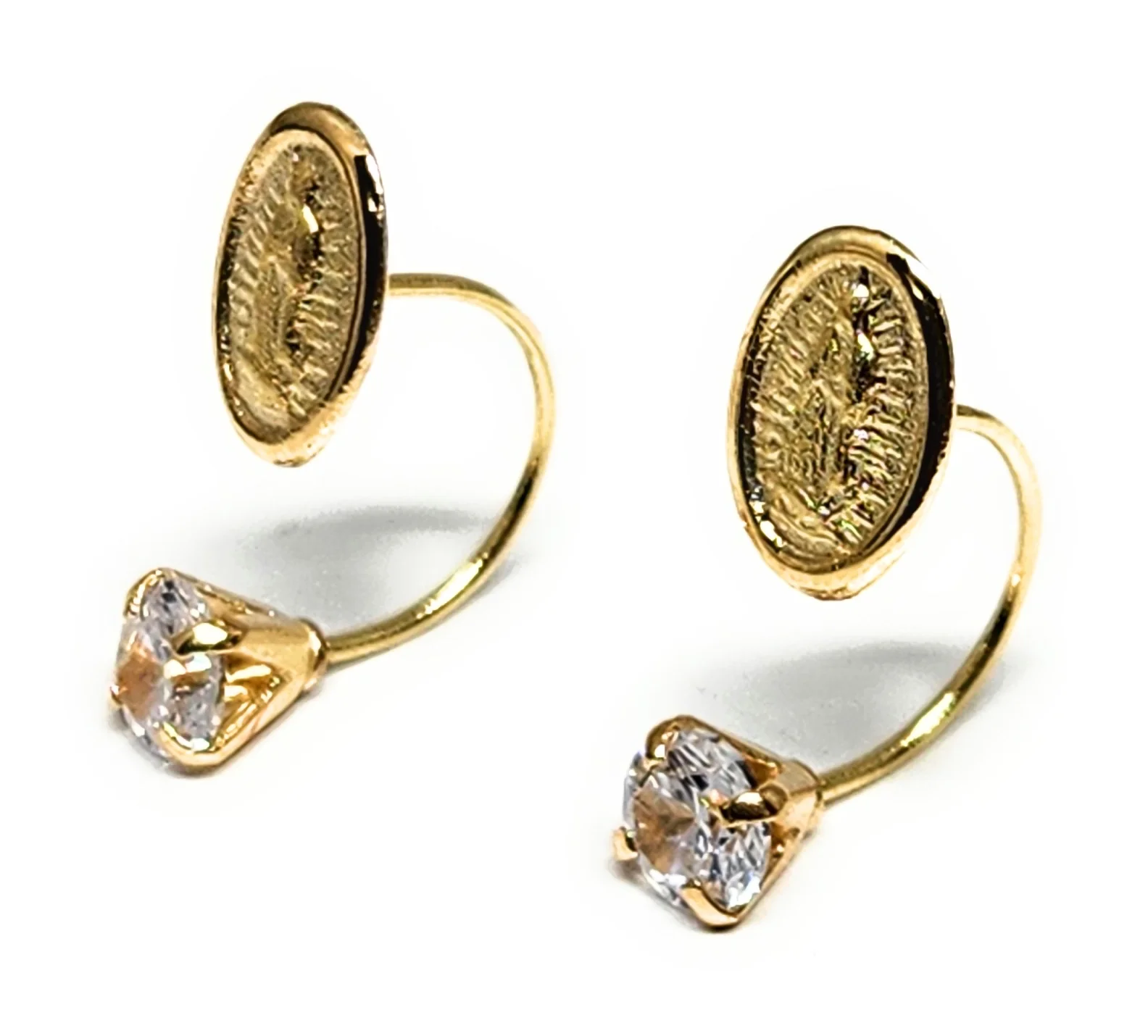 14k Solid Gold Cubic Zirconia SMALL DAINTY VIRRGIN MARY CURVED Stud Earrings (FCE 34) (MADE IN MX) - Image 3