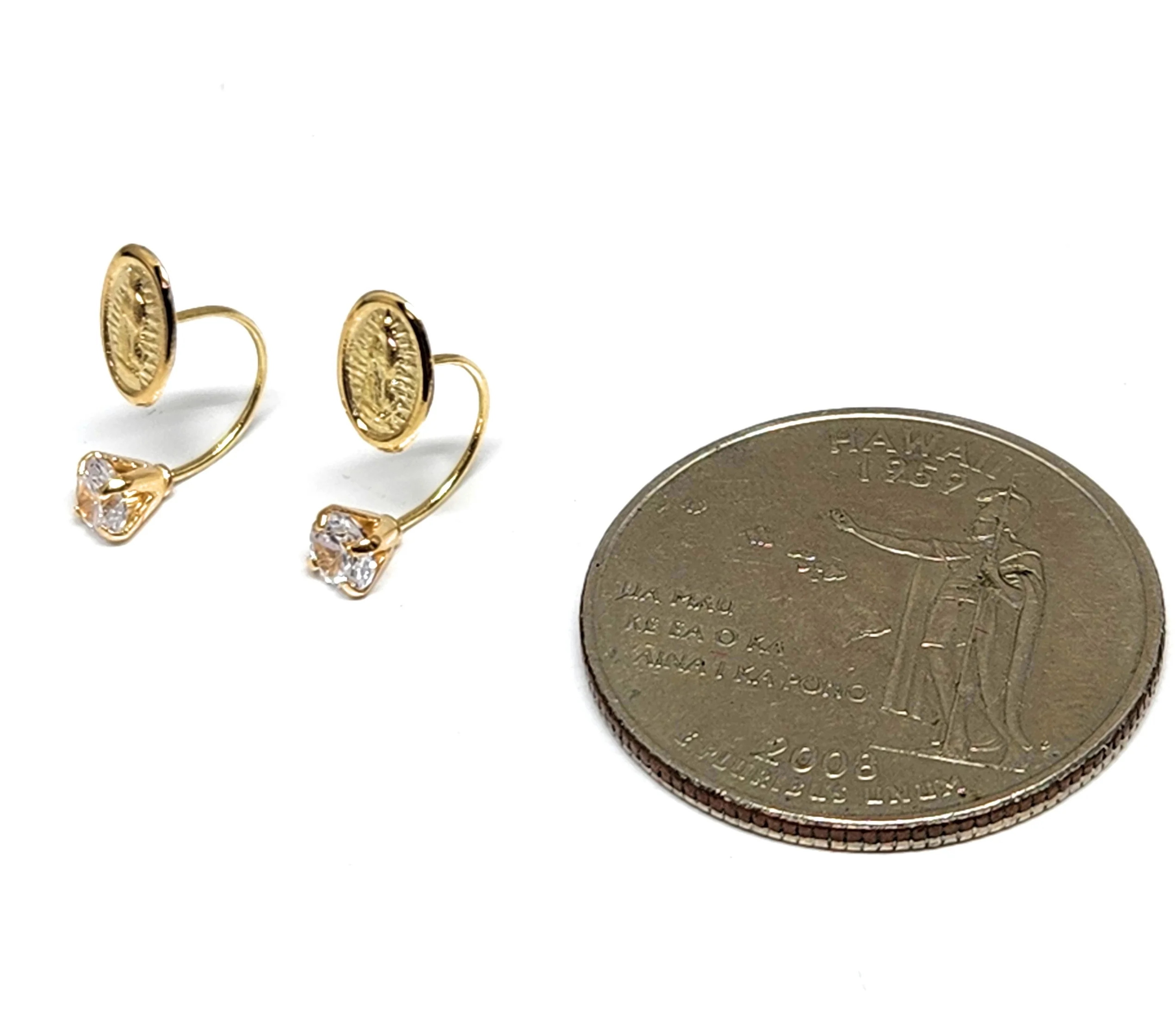 14k Solid Gold Cubic Zirconia SMALL DAINTY VIRRGIN MARY CURVED Stud Earrings (FCE 34) (MADE IN MX) - Image 4