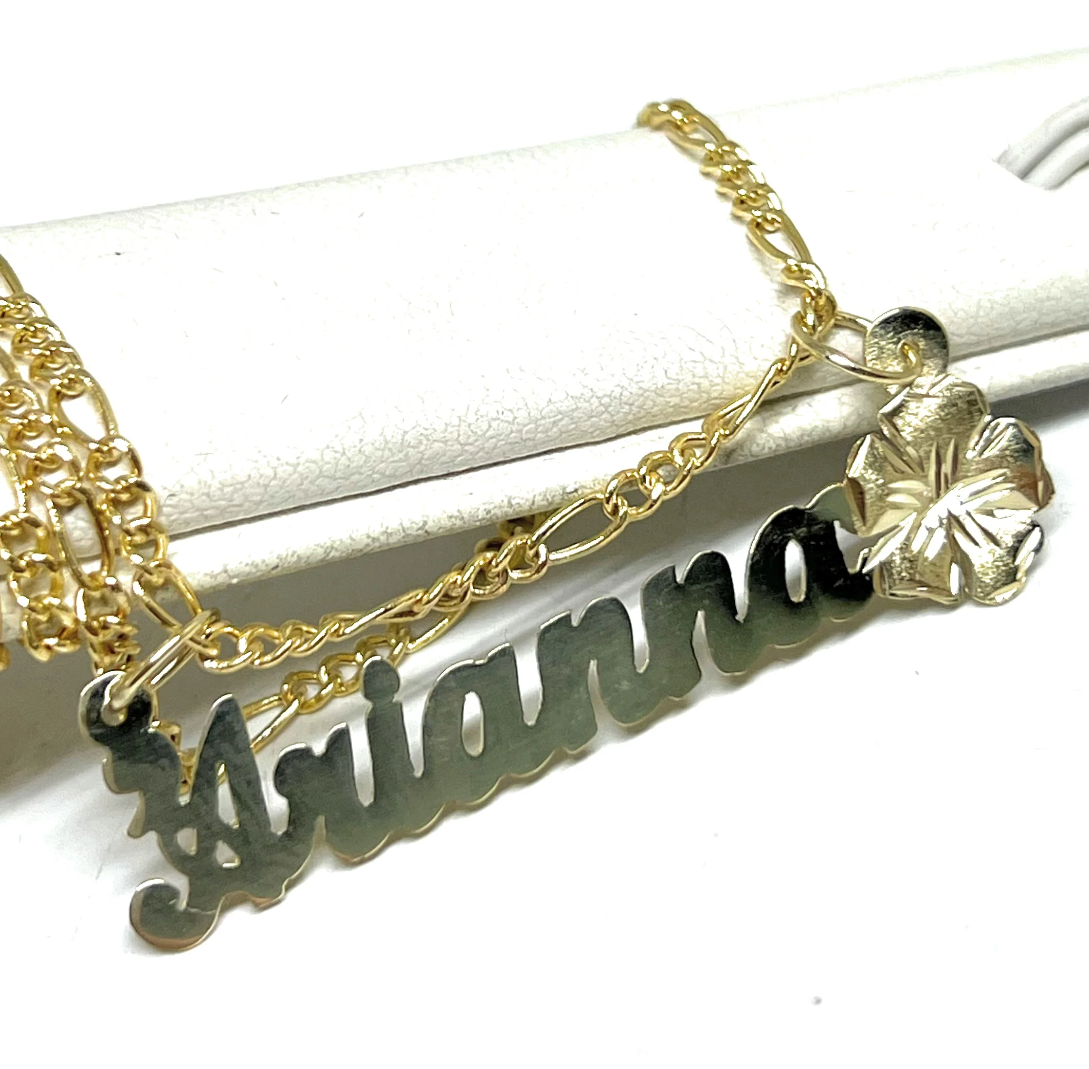 14k Solid Gold Custom PLUMERIA FLOWER Cursive Nameplate Pendant Necklace - Image 4