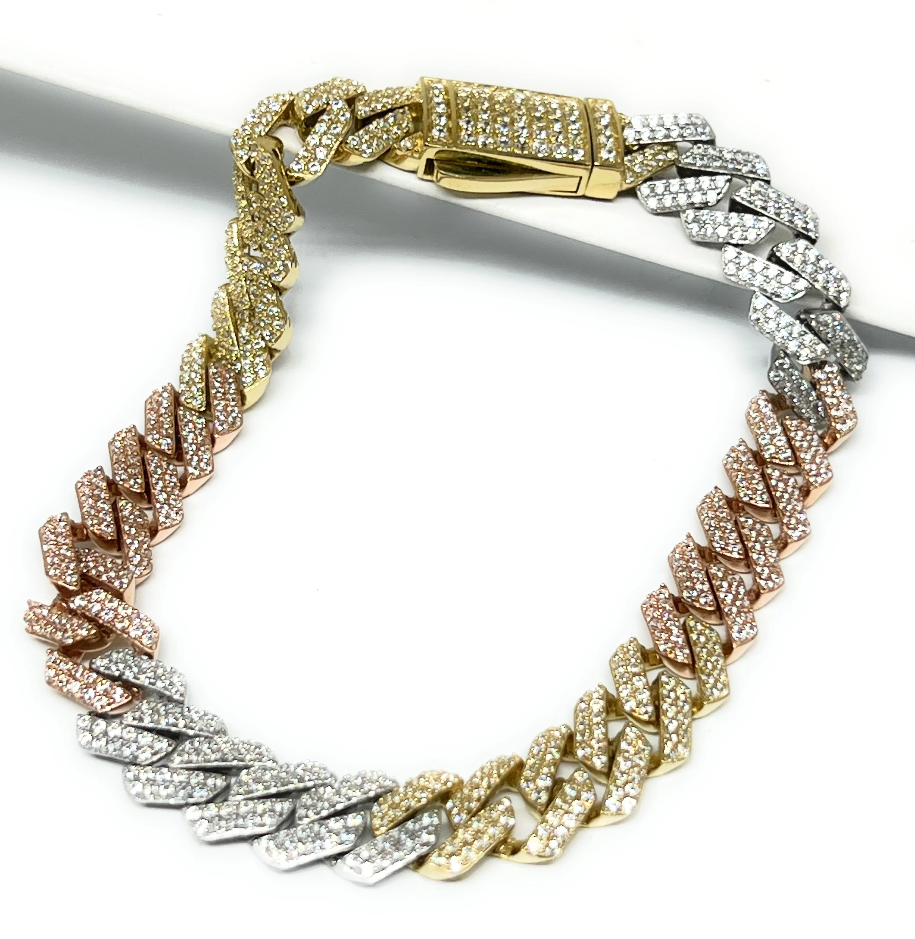 14k Solid Gold EDGE Miami Cuban Link FULL CZ TRI-COLOR Brracelet 7-8 inch 9mm CZ Lock (Semi-Hollow) 18g - Image 3