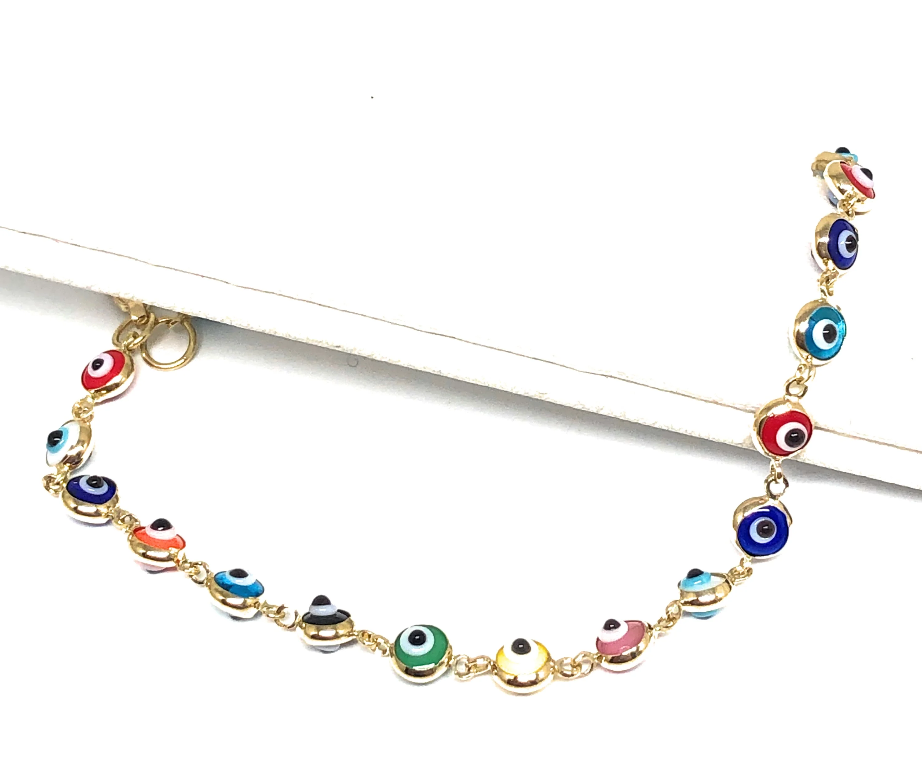 14k Solid Gold Evil Eye Brracelet 7.5 INCH 4.5MM BEADS (SM BEADS) (RED,BLUE,TURQUOISE,MULTI-COLOR) - Image 2