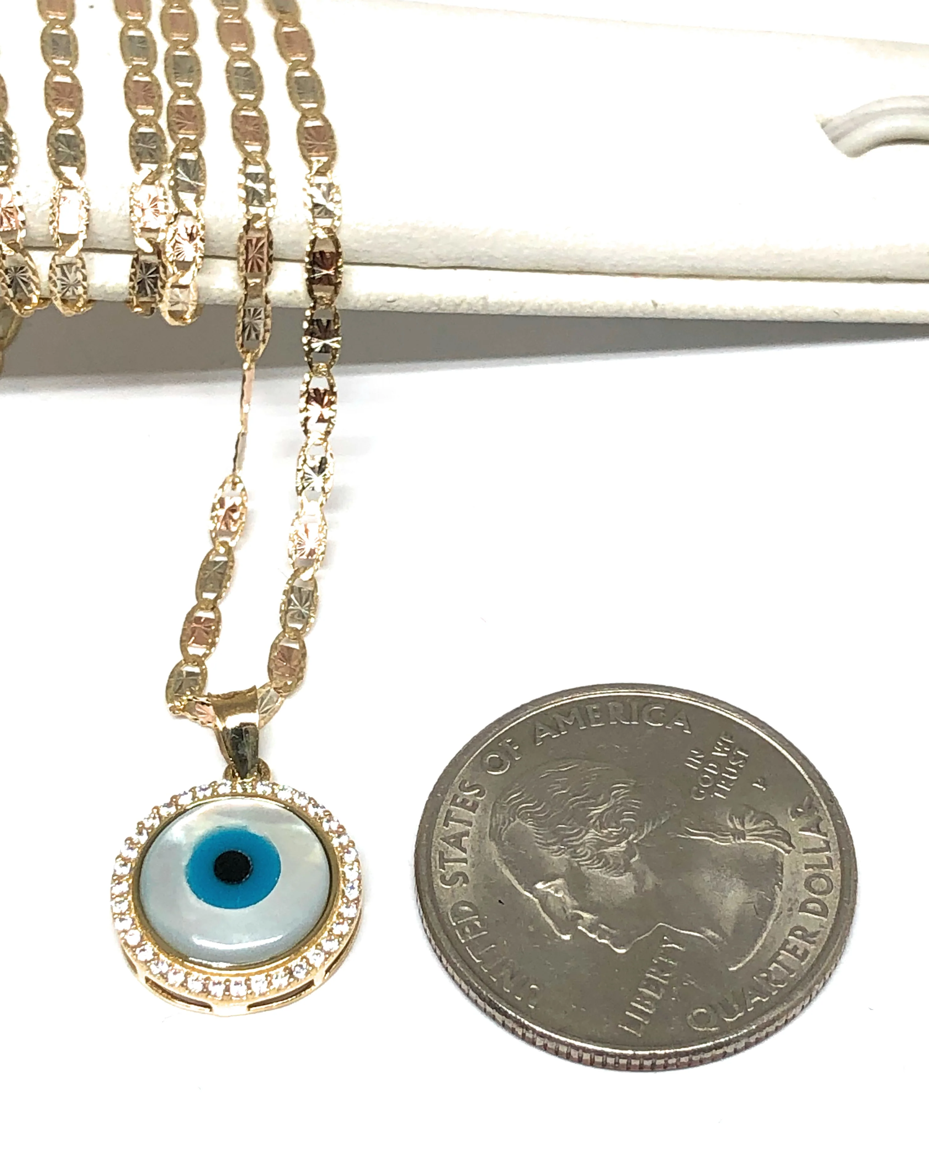 14k Solid Gold EVIL EYE CZ Round Pendant Necklace Valentina Chain (SM, MED) - Image 2