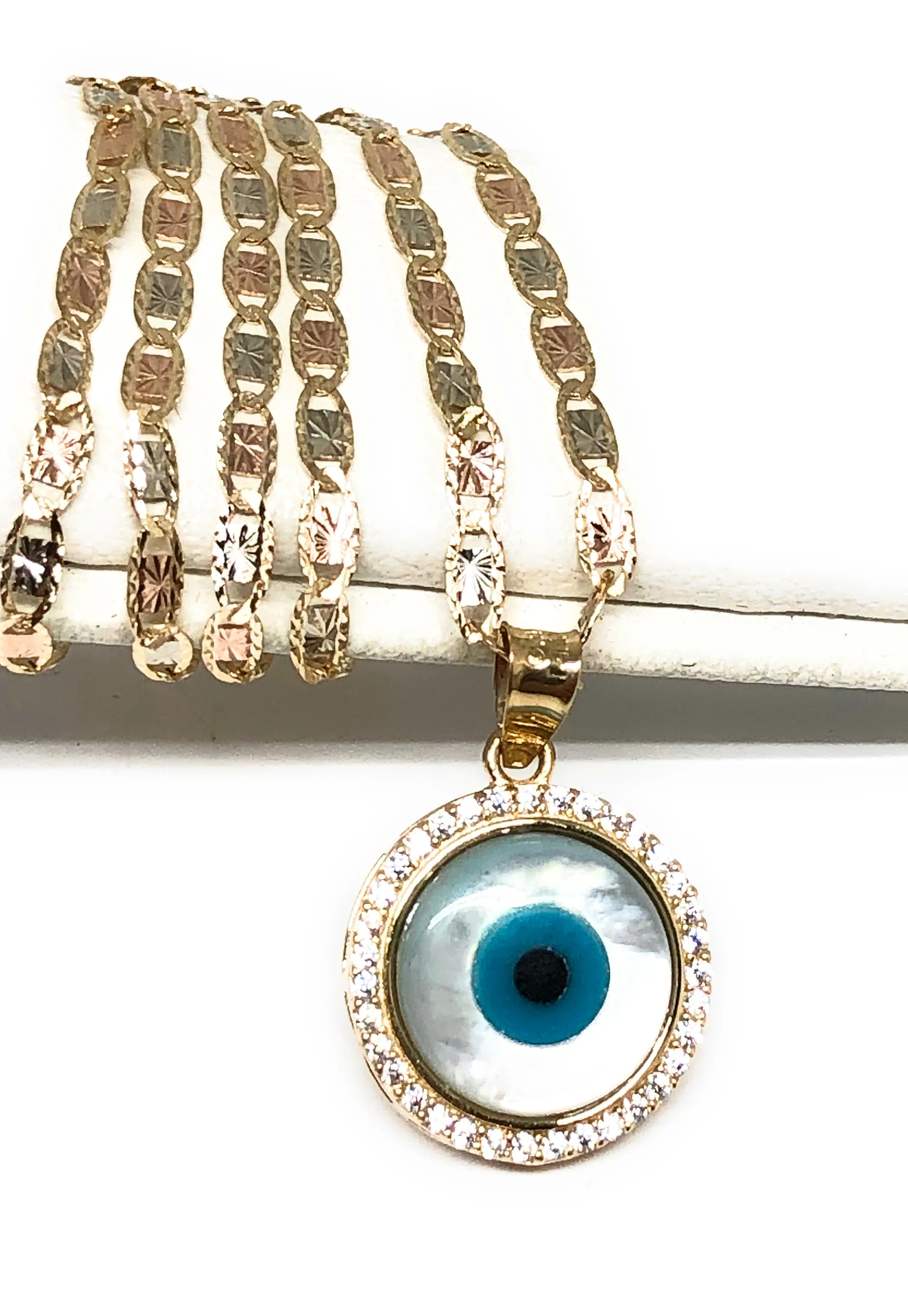 14k Solid Gold EVIL EYE CZ Round Pendant Necklace Valentina Chain (SM, MED) - Image 3