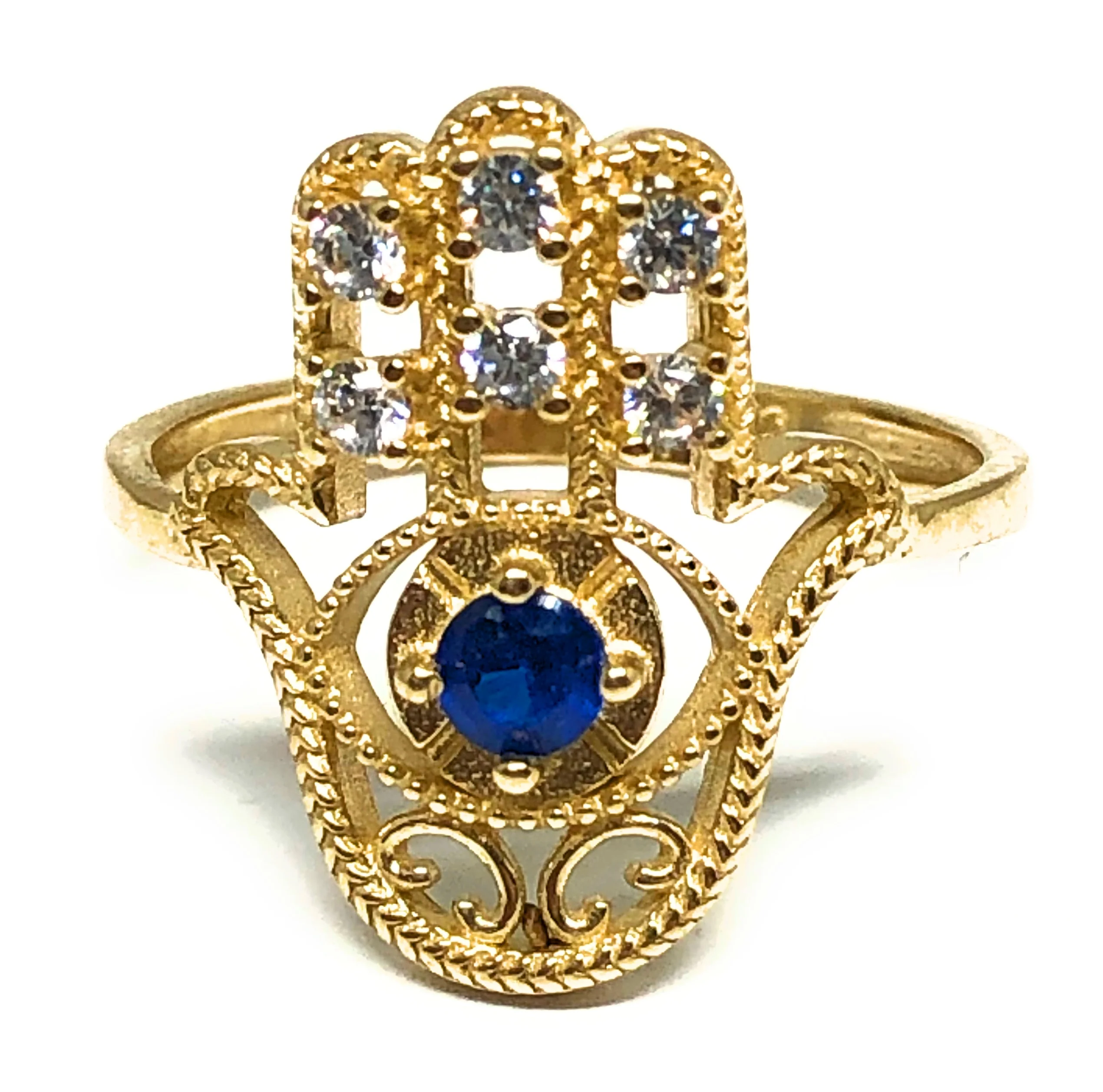 14k Solid Gold HAMSA HAND BLUE CZ Ring