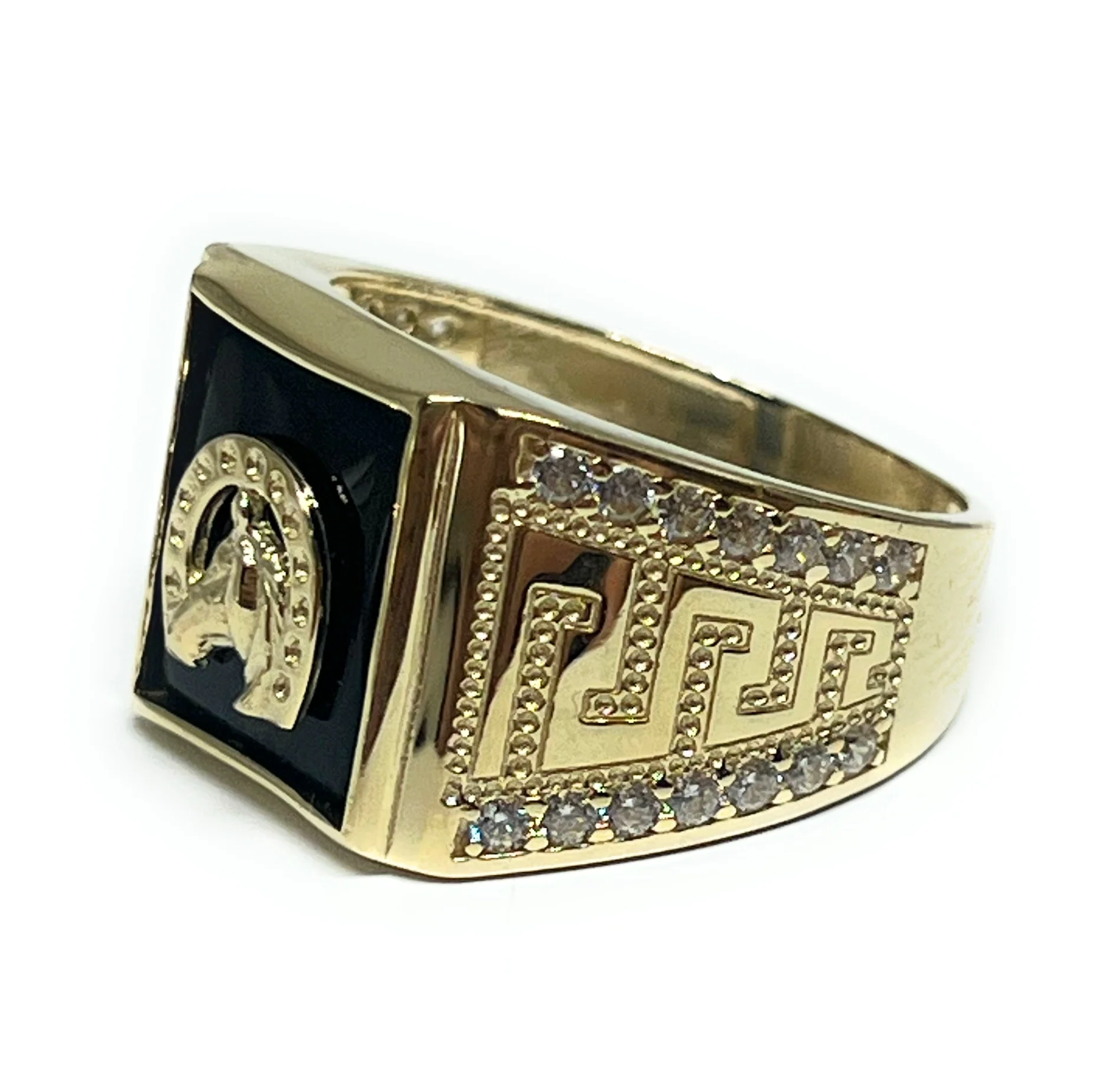 14k Solid Gold HOSE WITH HORSESHOE ONYX CZ GREEK BORDER Ring (9.5g) - Image 2