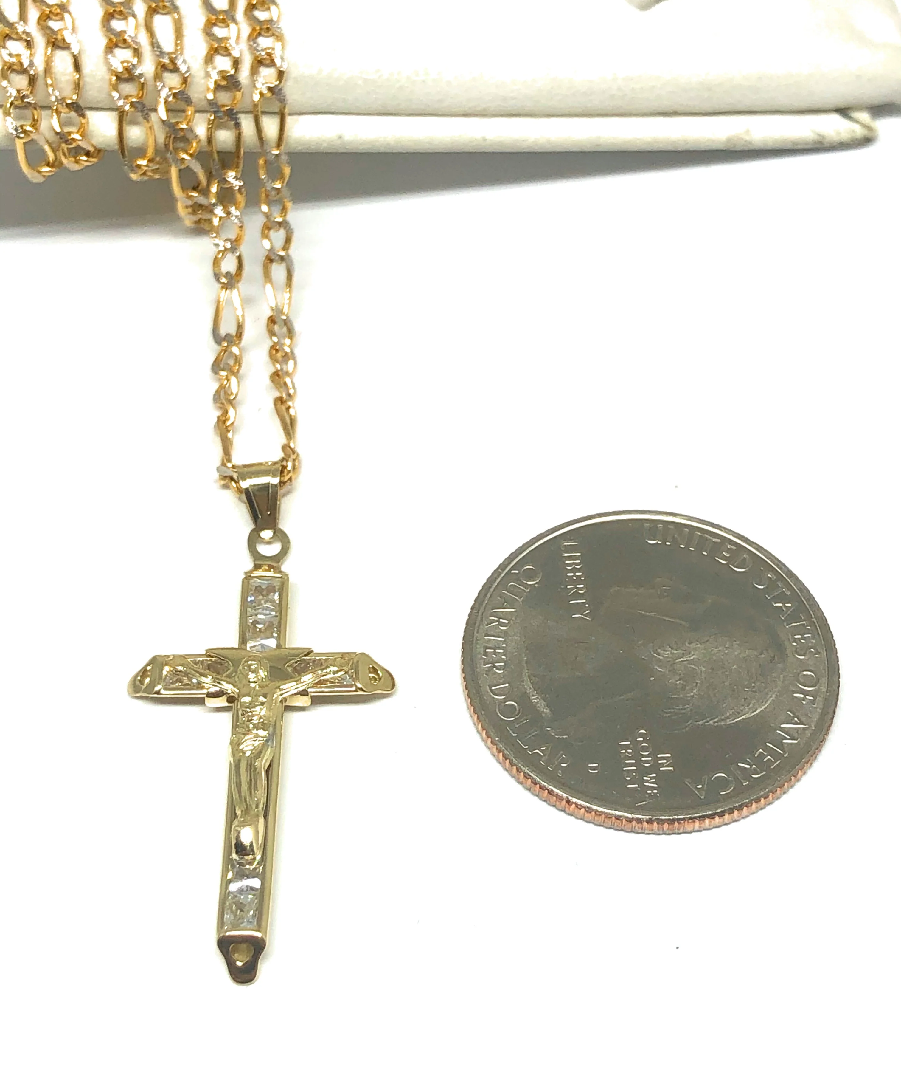 14k Solid Gold Jesus Cross Pendant Necklace Cubic Zirconia Crucifix Figaro Chain (XS) - Image 2