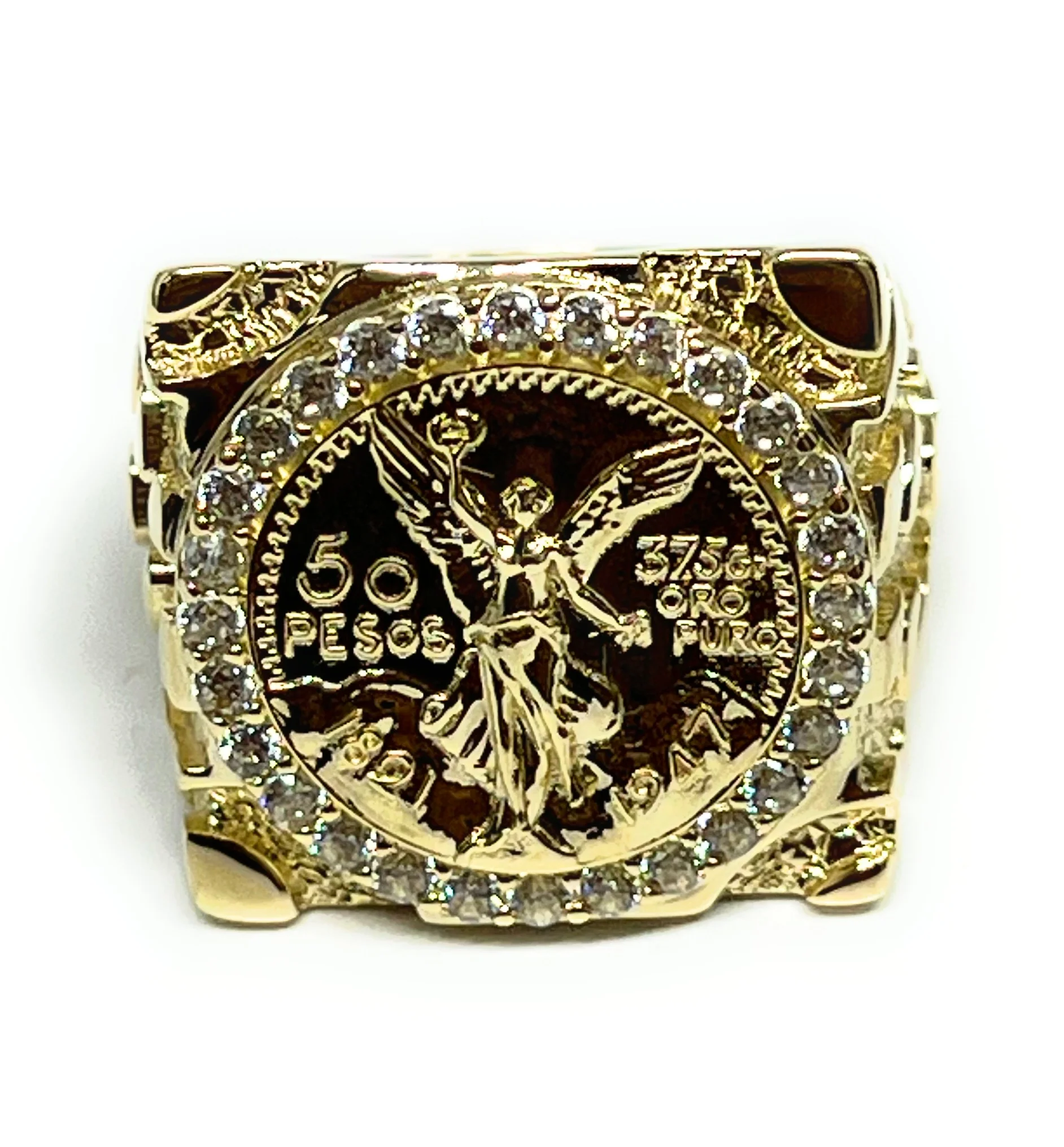 14k Solid Gold MEXICAN CENNTENARIO 50 COIN NUGGET CZ Ring (9g~)