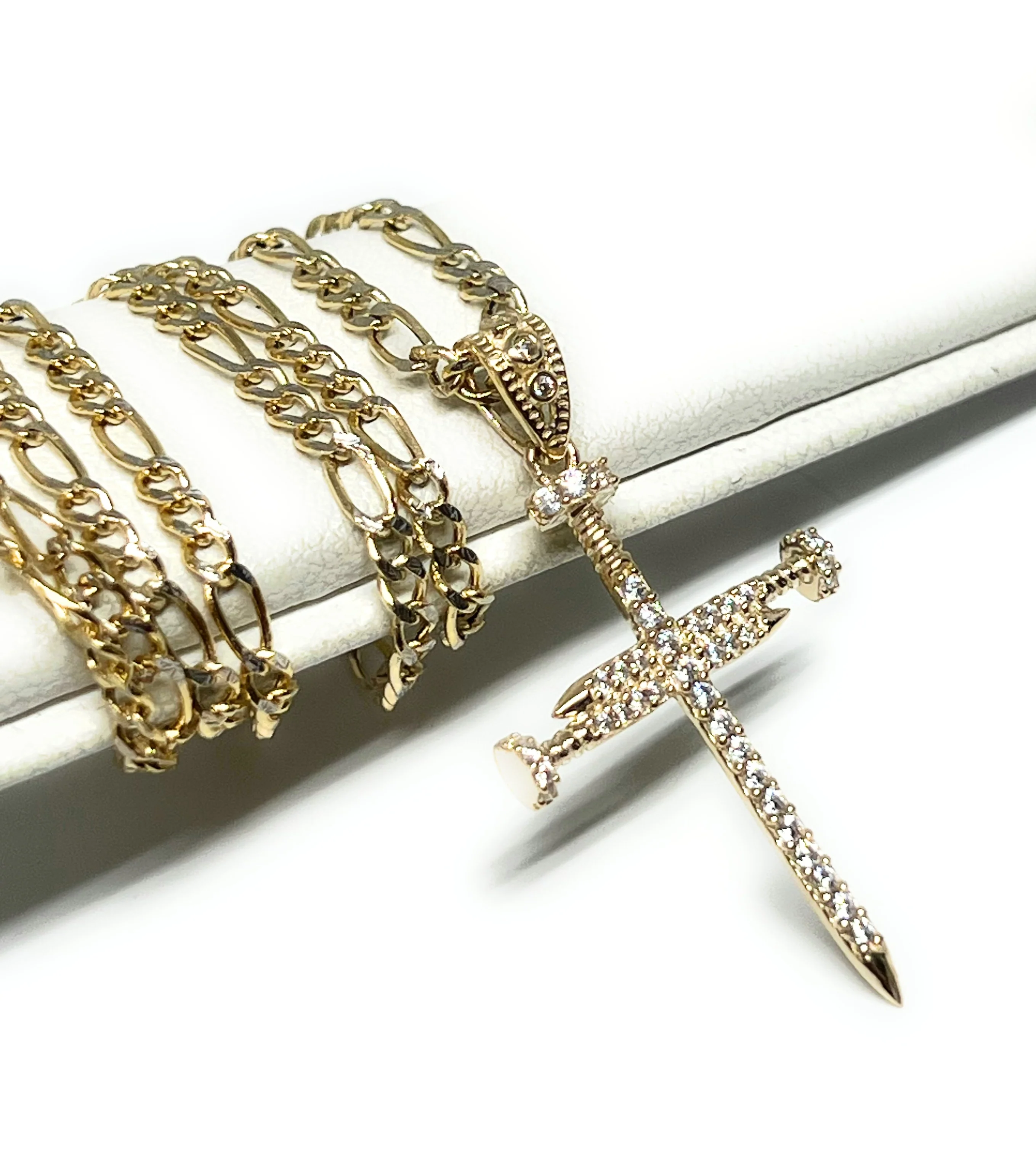 14k Solid Gold Nail Cross CZ Pendant (FC) - Image 4