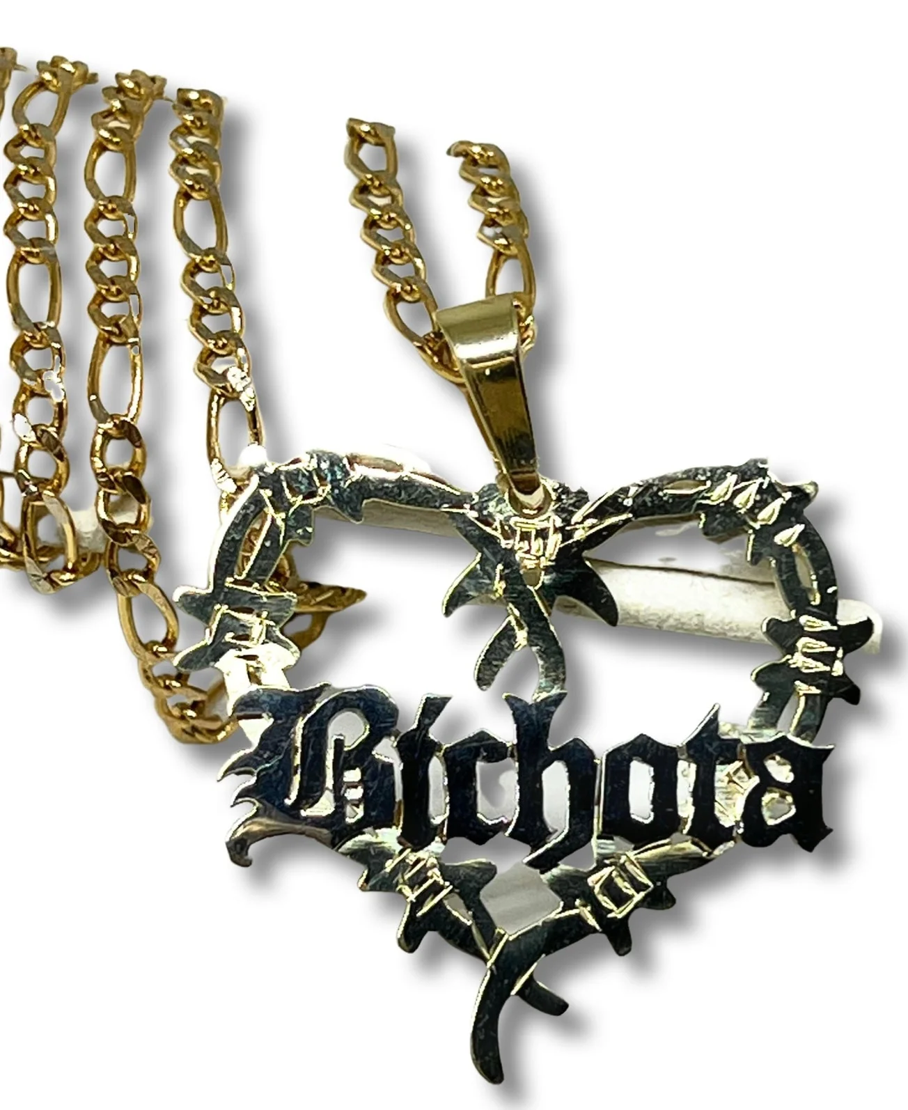 14k Solid Gold OLD ENGLISH Barbed Wire Heart "BICHOTA" Custom Nameplate Pendant Necklace Chain Options - Image 2