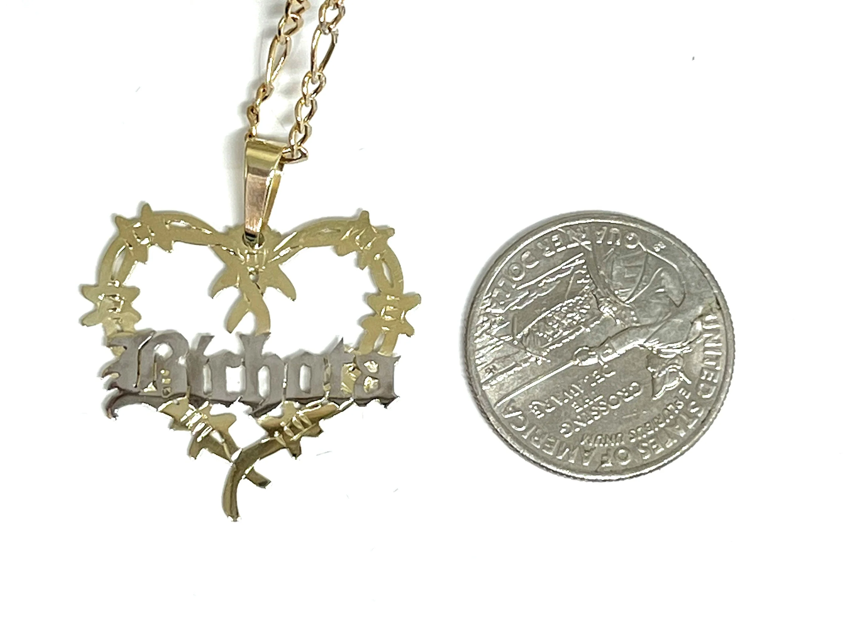 14k Solid Gold OLD ENGLISH Barbed Wire Heart "BICHOTA" Custom Nameplate Pendant Necklace Chain Options - Image 3