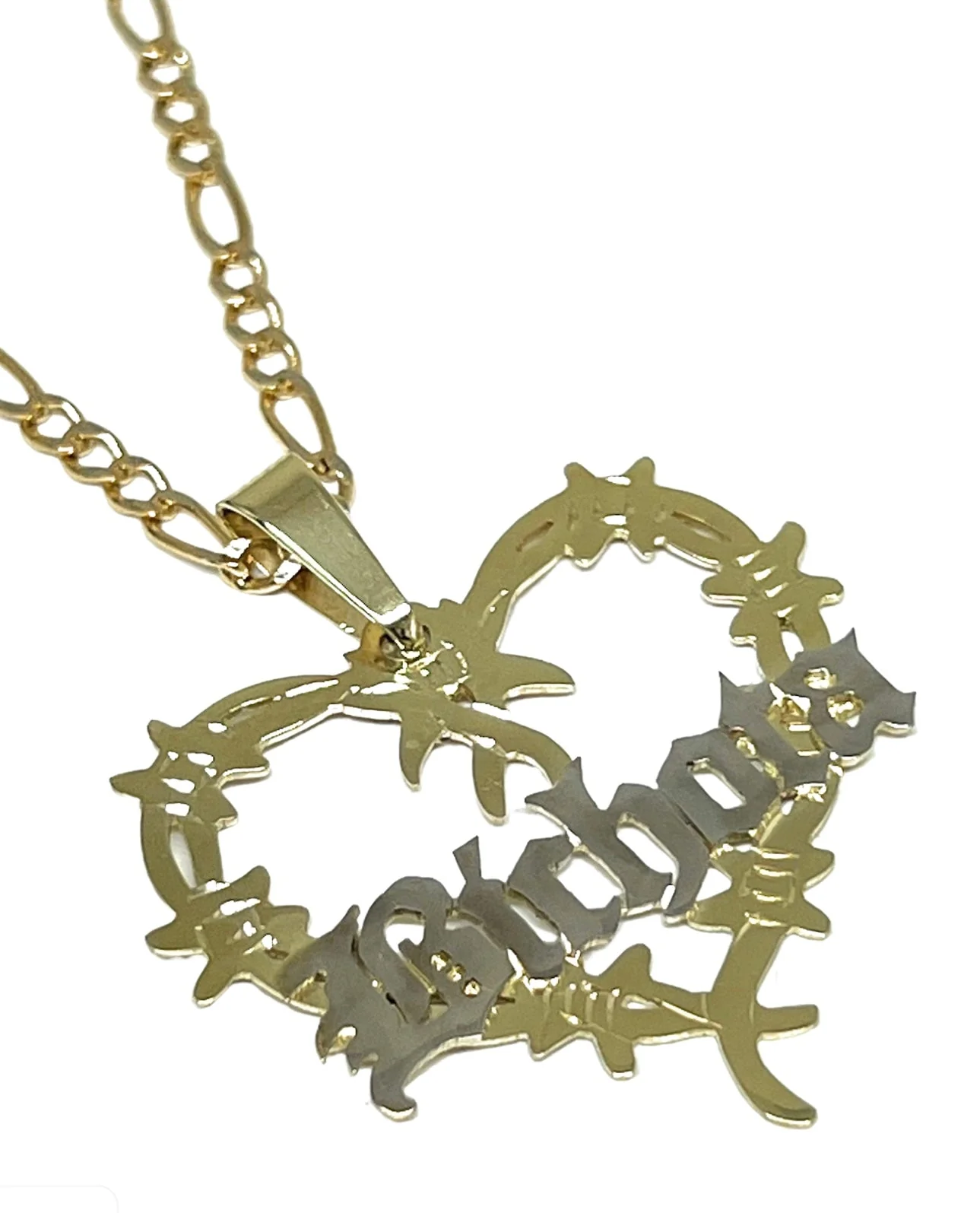 14k Solid Gold OLD ENGLISH Barbed Wire Heart "BICHOTA" Custom Nameplate Pendant Necklace Chain Options - Image 7