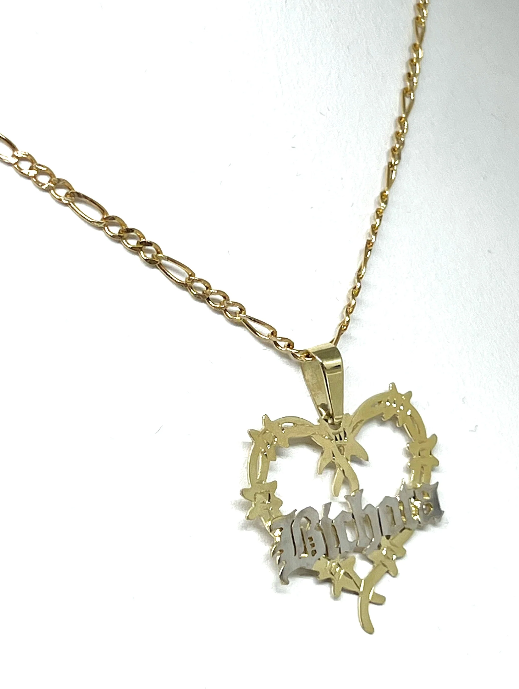 14k Solid Gold OLD ENGLISH Barbed Wire Heart "BICHOTA" Custom Nameplate Pendant Necklace Chain Options - Image 9