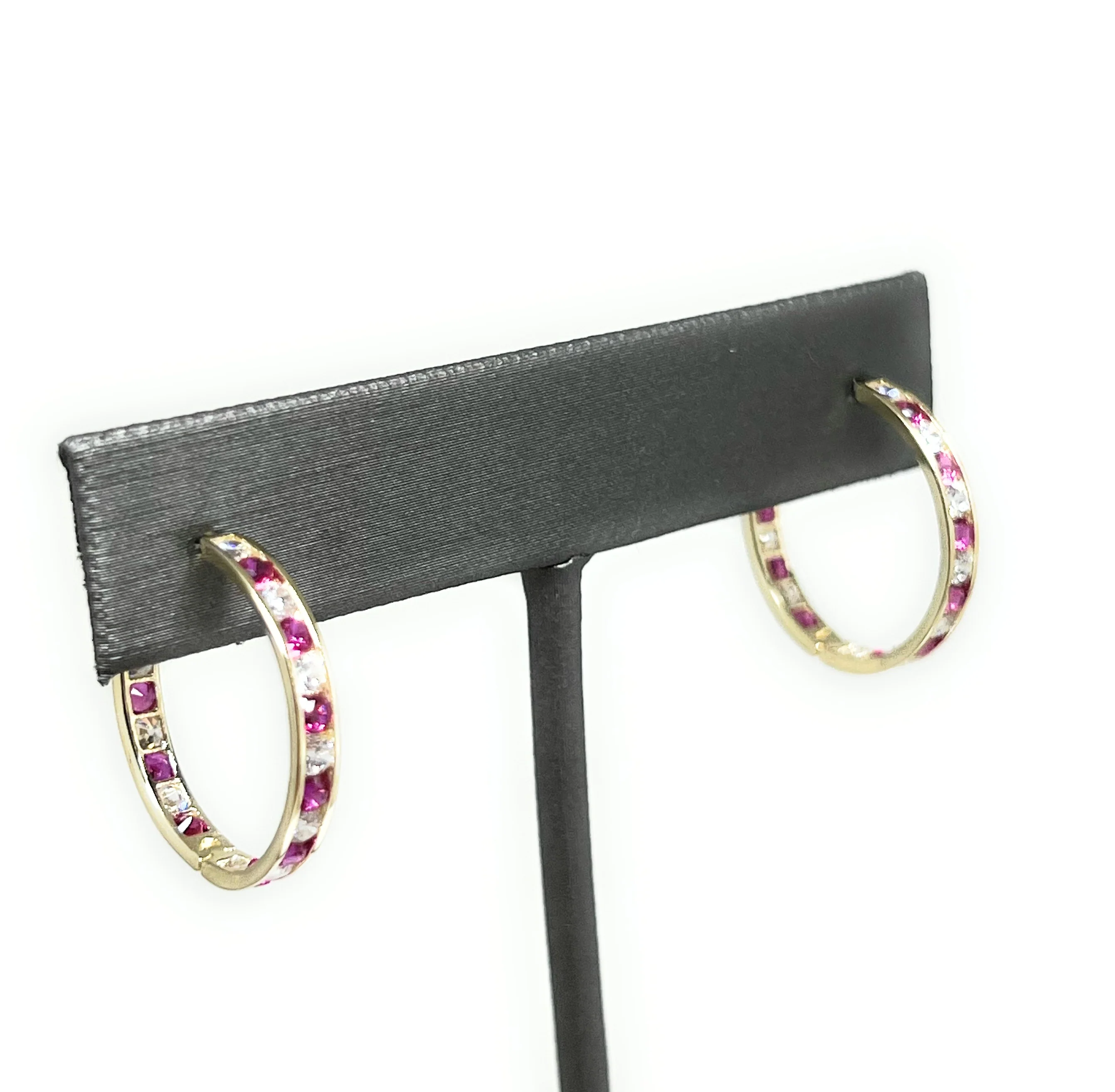 14k Solid Gold Red & White Cubic Zirconia Huggie Earrings - Image 6